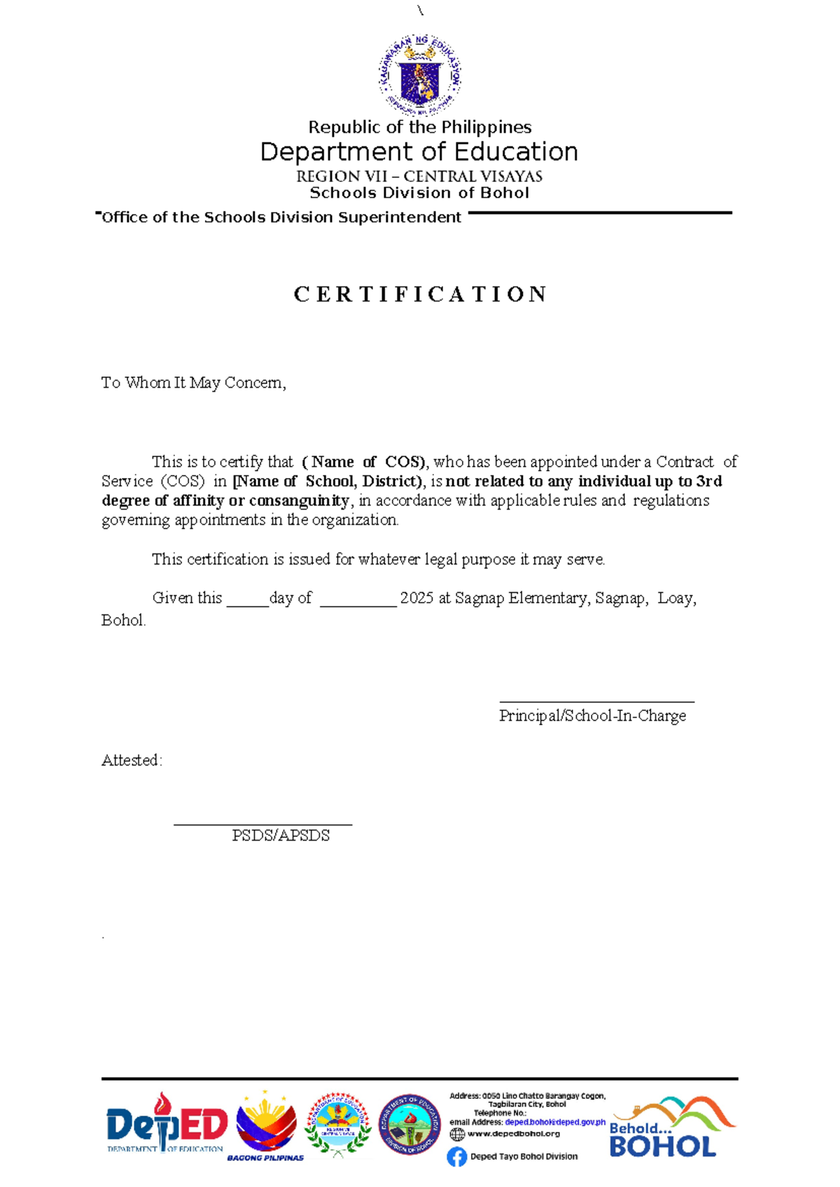 Certification COS - \ Republic of the Philippines Department of ...