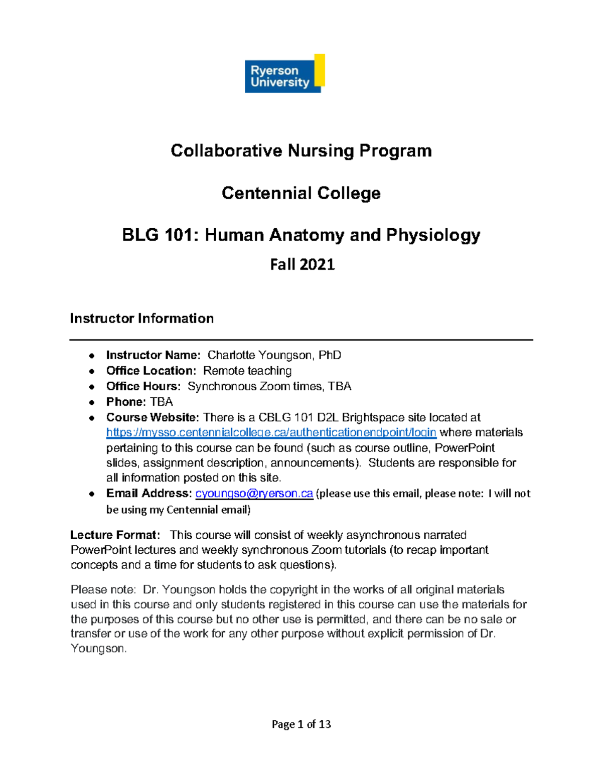 BLG101 Fall 2021 Course Outline: Human Anatomy & Physiology - Studocu