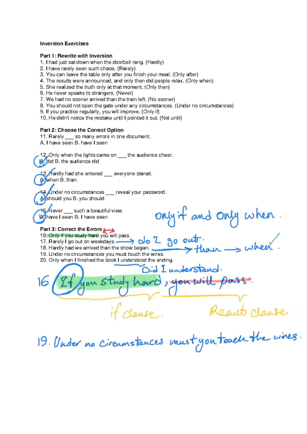 Inversion Exercises Part 1 & 2: Rewrite & Correct Errors - Studocu