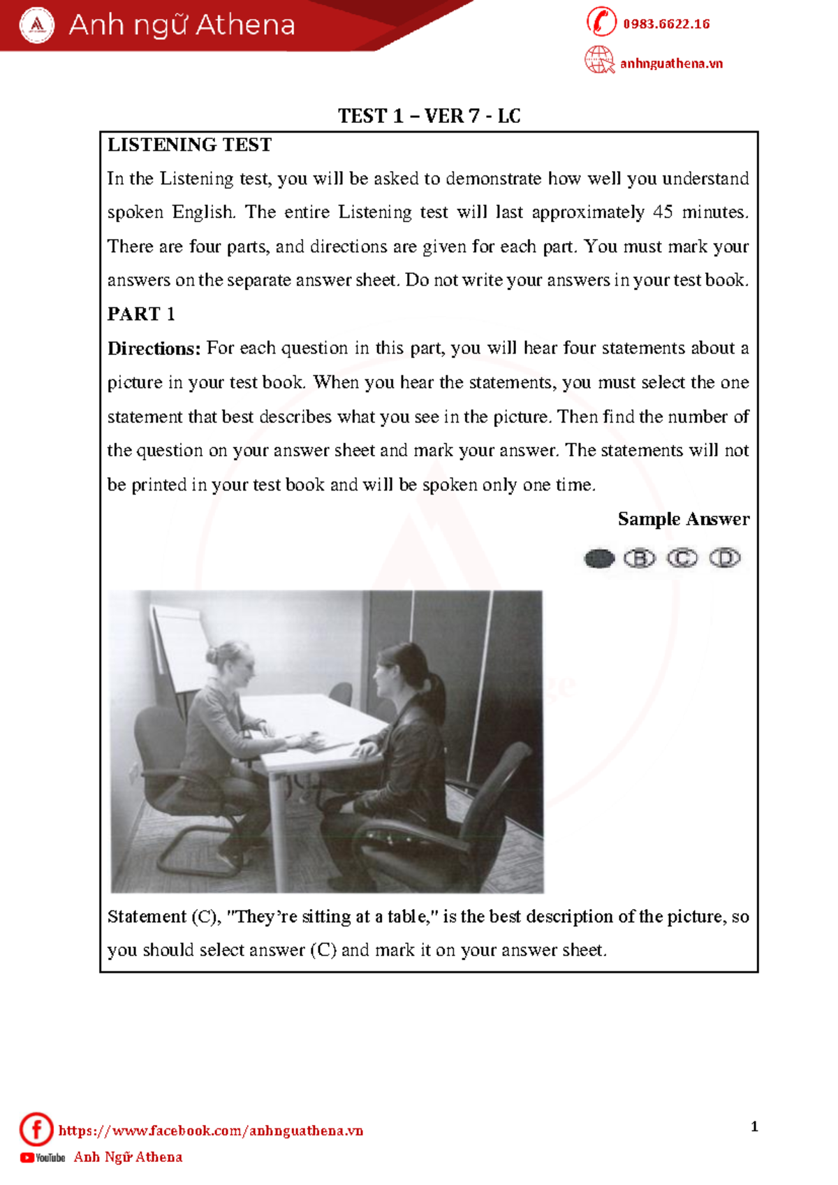LISTENING TEST 1 - VERSION 7 - LC - ENGLISH COMPREHENSION NOTES - Studocu