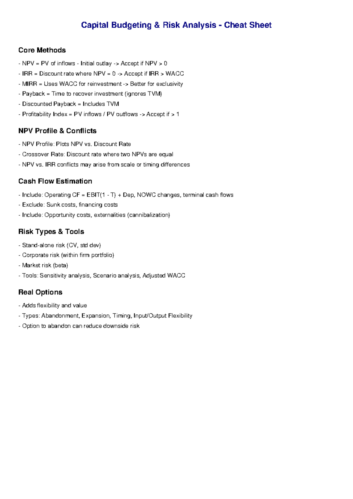 Capital Budgeting Risk Analysis Cheat Sheet: Core Methods & Tools - Studocu