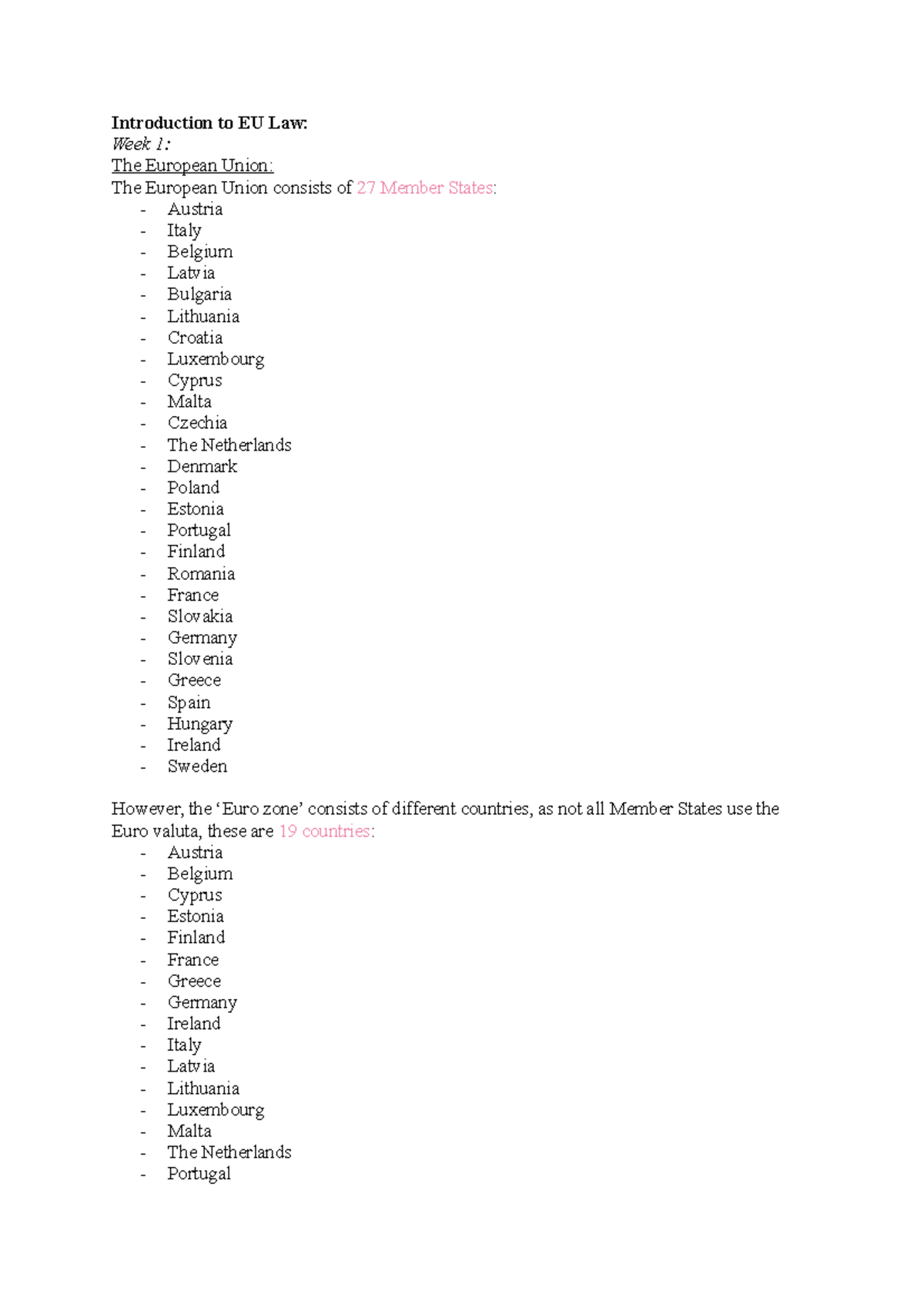 Introduction to EU Law (EU Law - Week 1 Lecture Notes) - Studeersnel