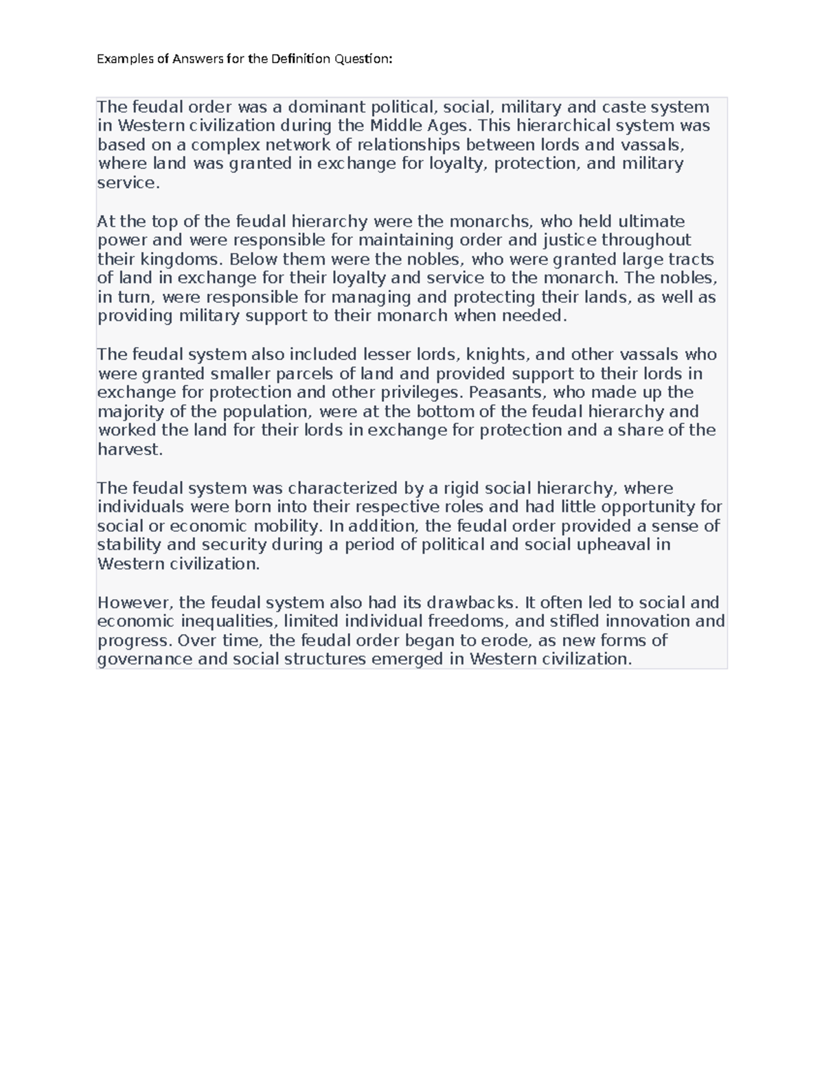 Sample Answer for Feudal System Definition (HIST 101) - Studocu