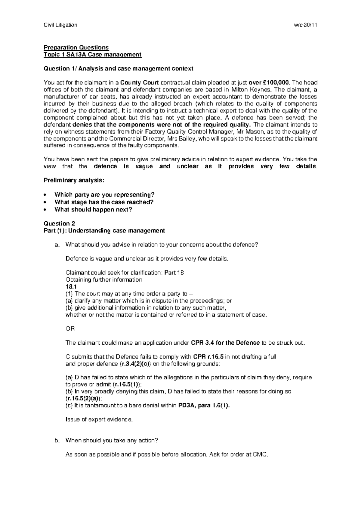 Tutorial Questions -case management - Preparation Questions Topic 1 ...