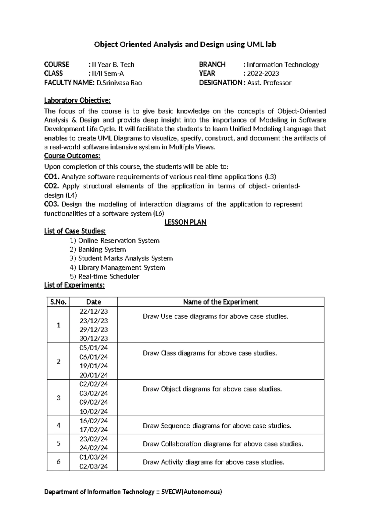 OOAD Lab Lesson Plan - II Year B. Tech IT - Studocu