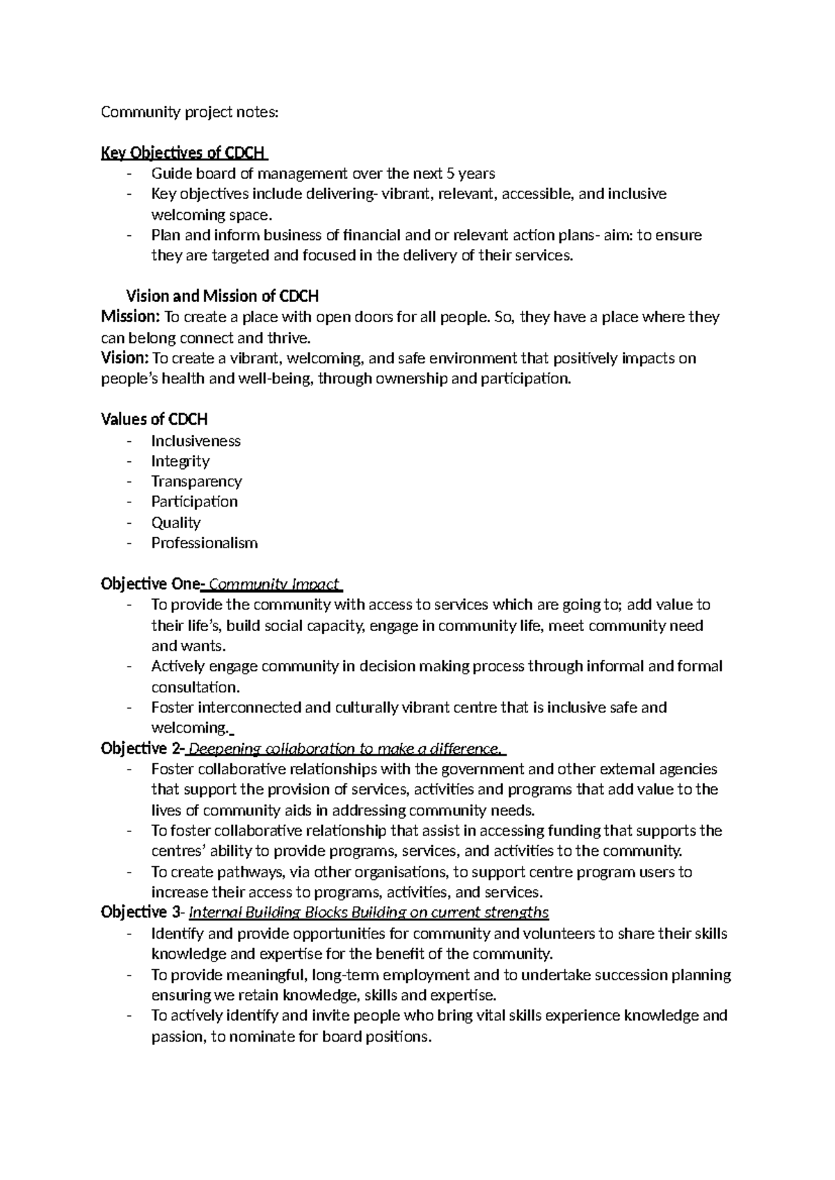 CDCH Community Project Notes: Key Objectives for 5-Year Plan - Studocu