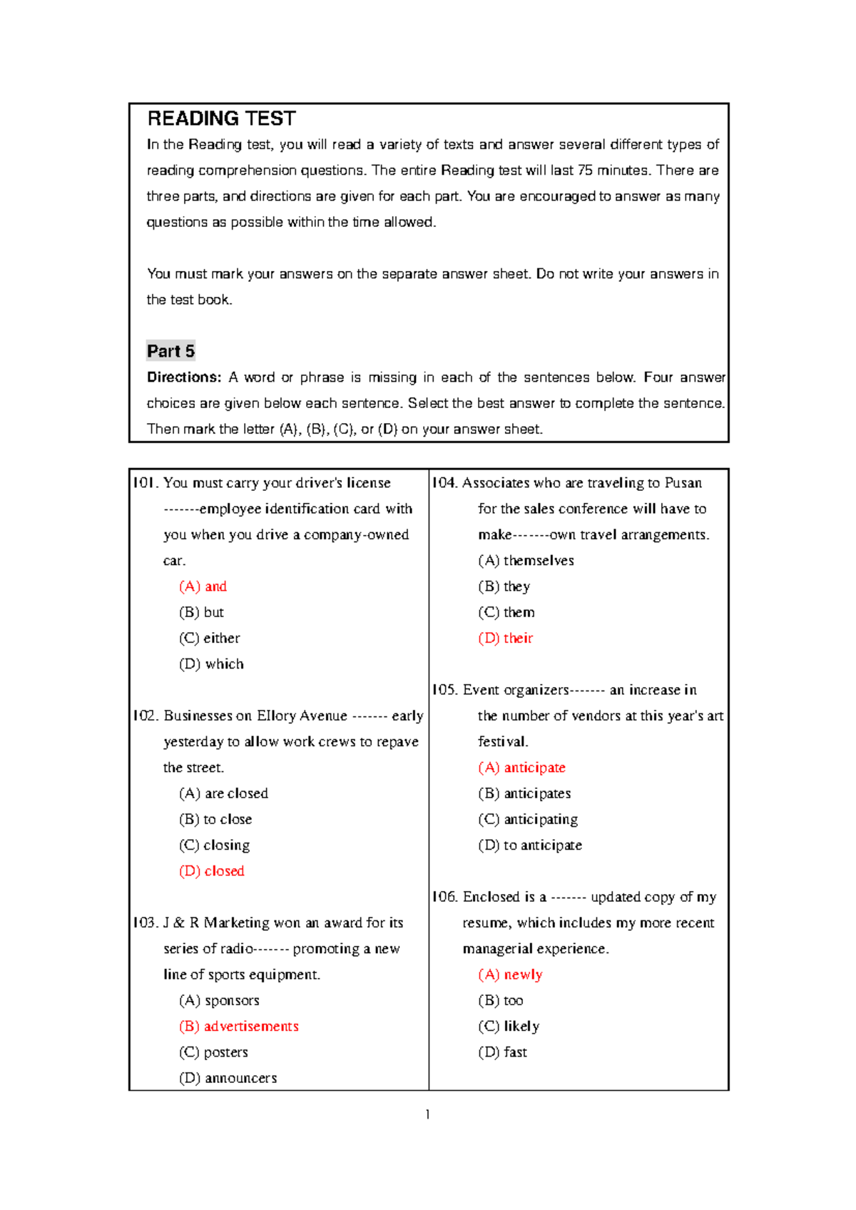 READING TEST: Comprehension Questions and Directions - Studocu