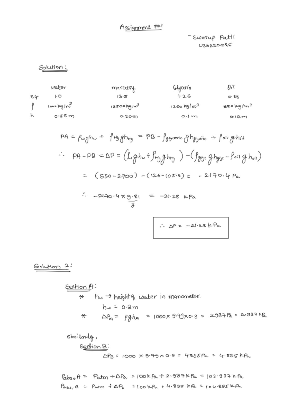 Assignment 1: Fluid Mechanics Solutions for U20220085 - Studocu