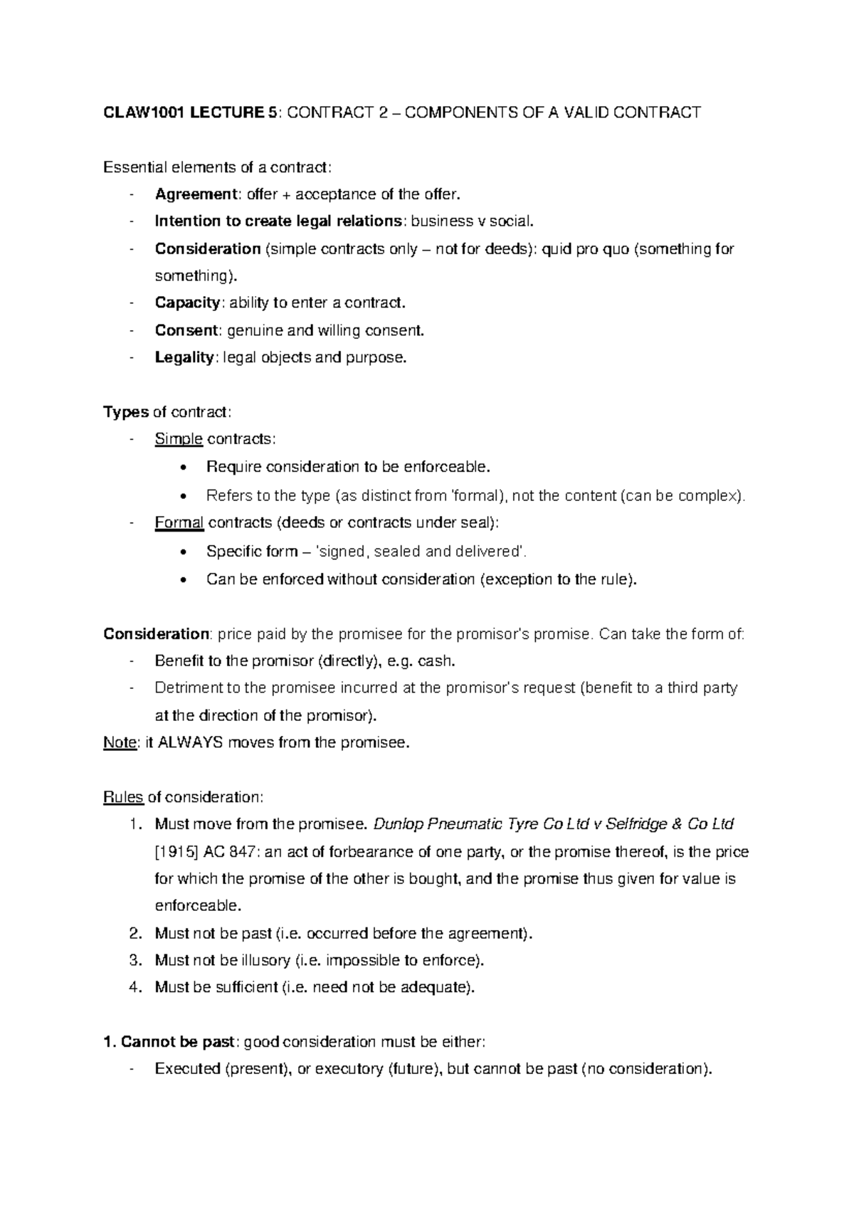 CLAW1001 LECTURE 5: Essential Elements of a Valid Contract - Studocu