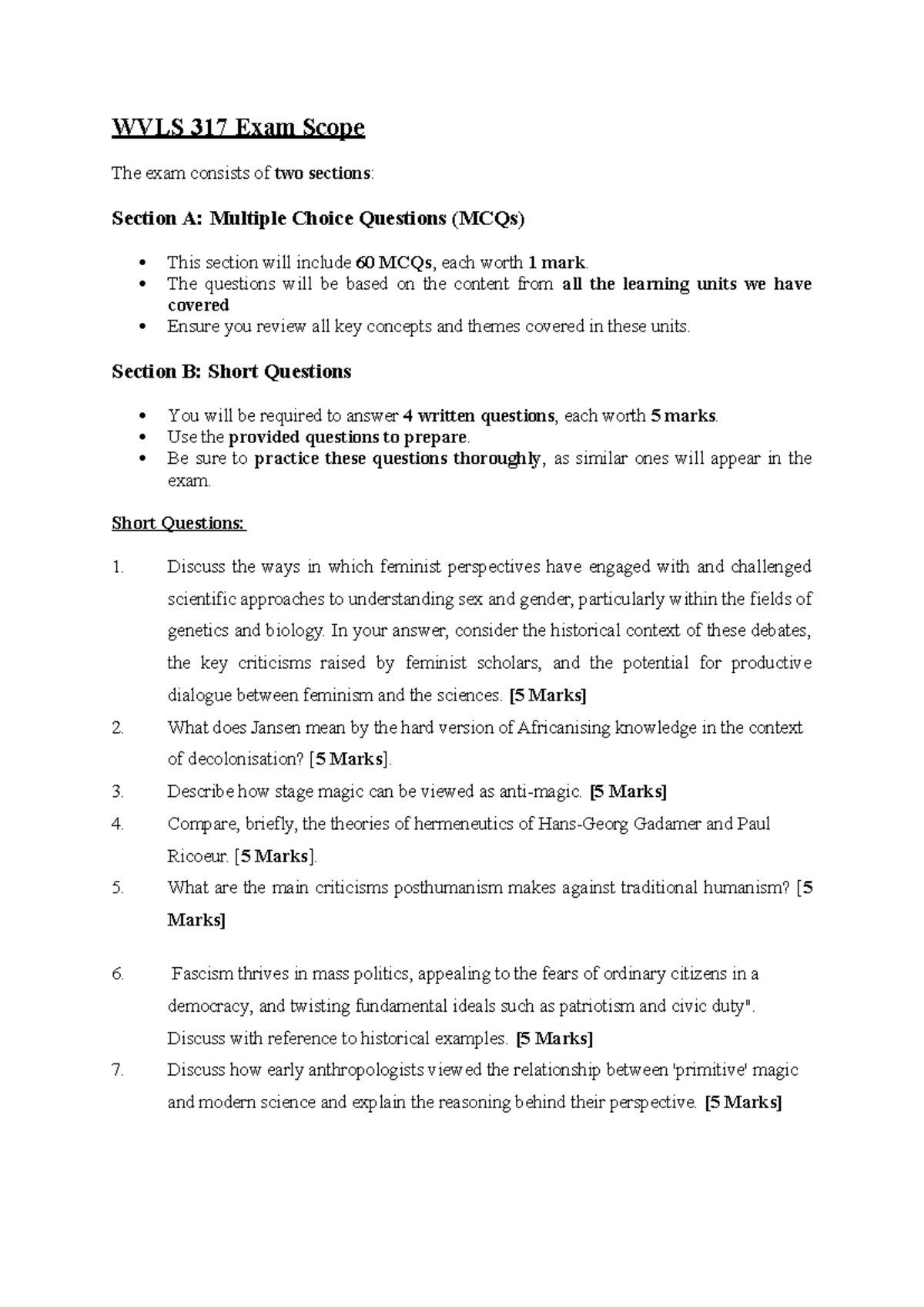 WVLS 317 Final Exam Scope: MCQs & Short Questions Overview - Studocu