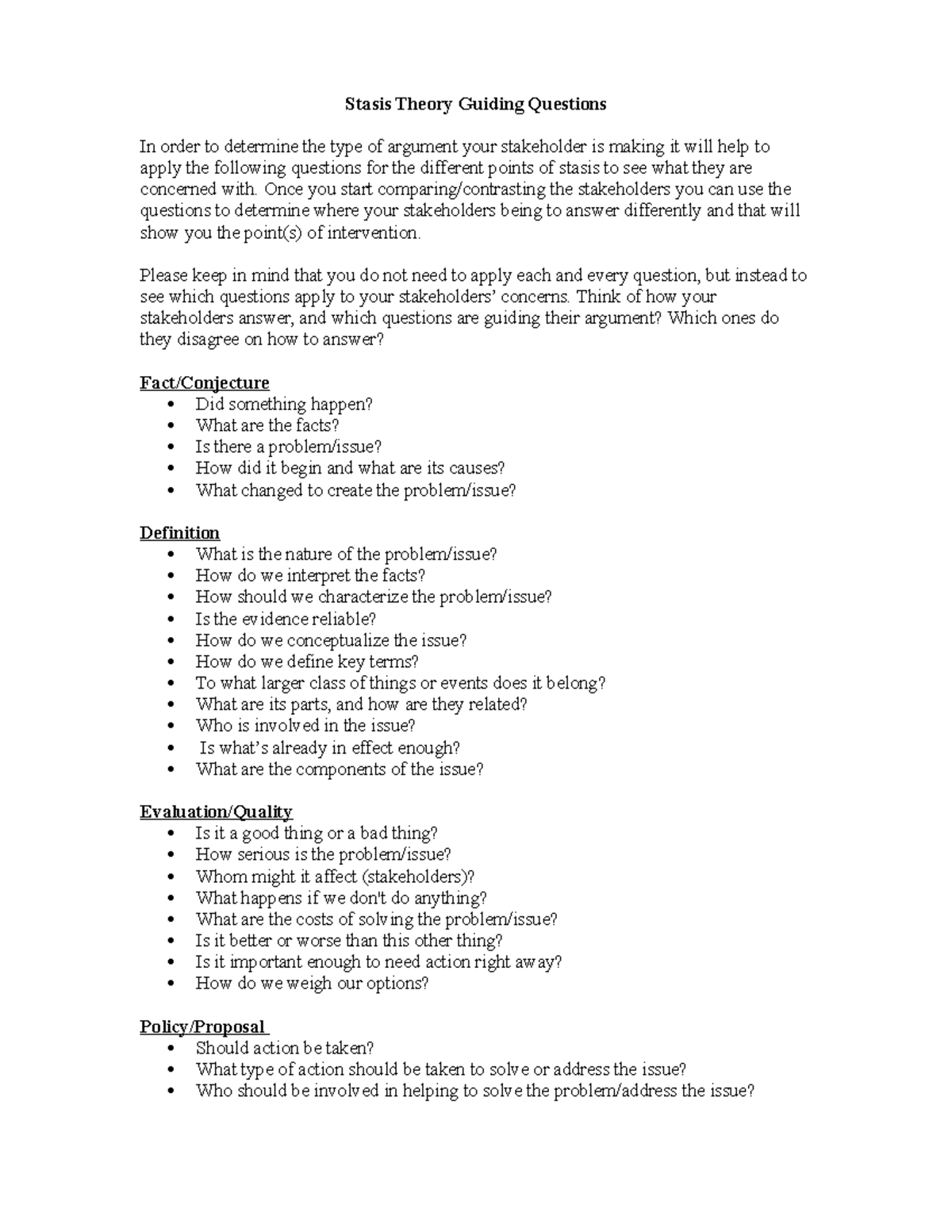 Stasis Theory: Guiding Questions for Argument Analysis - Studocu