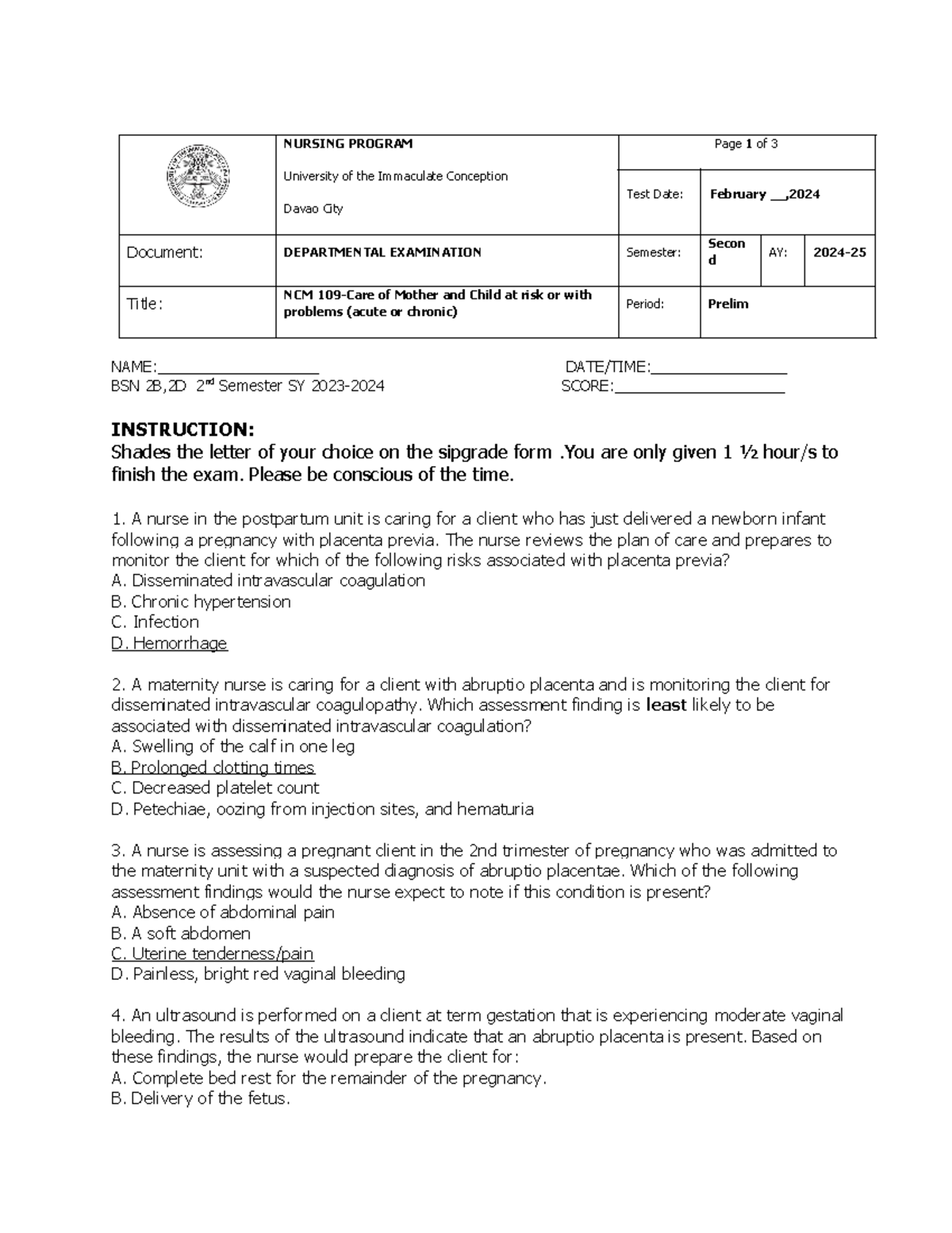 NCM 109-Prelim Exam Keys on Care of Mother and Child at Risk - Studocu