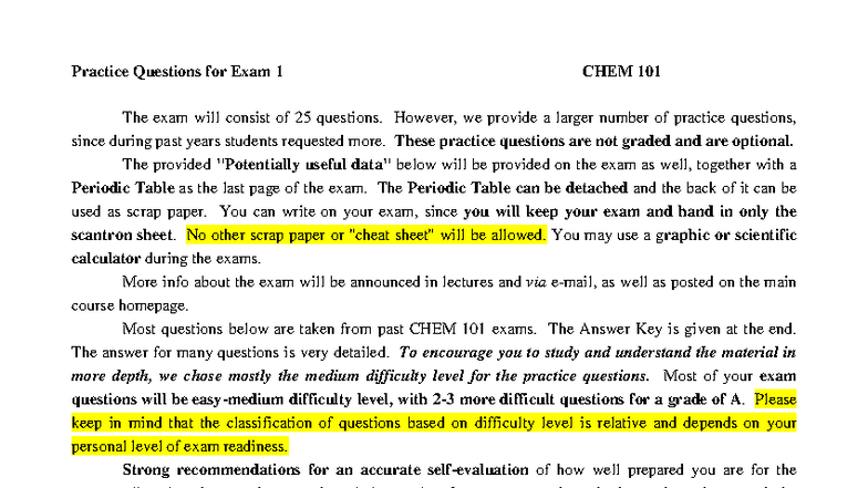 Practice Questions for Exam 1 CHEM 101 - Studocu