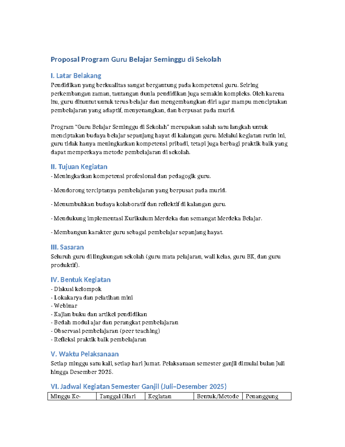 Proposal Program Guru Belajar Seminggu di Sekolah (Juli-Des 2025) - Studocu