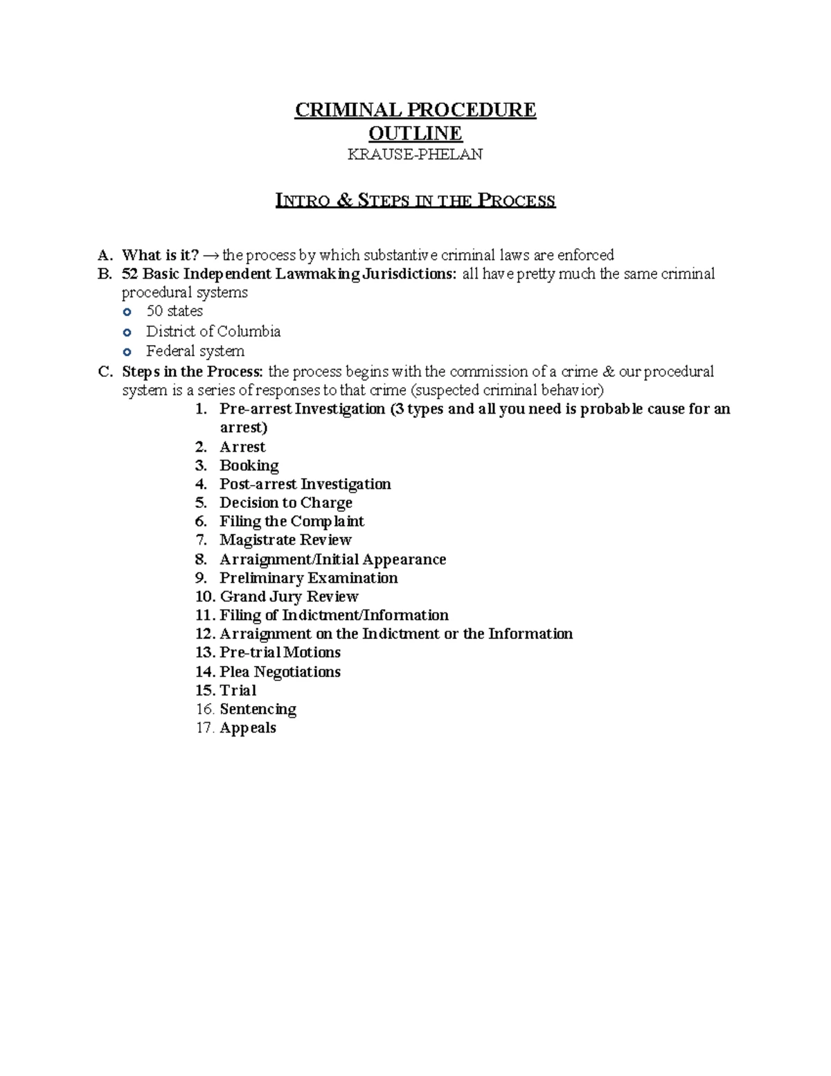 Crim Pro Outline: Key Concepts in the Criminal Process - Studocu
