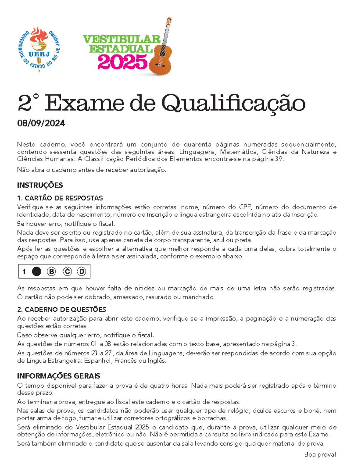 Prova UERJ 2025 - Estrutura e Instruções do Vestibular - Studocu