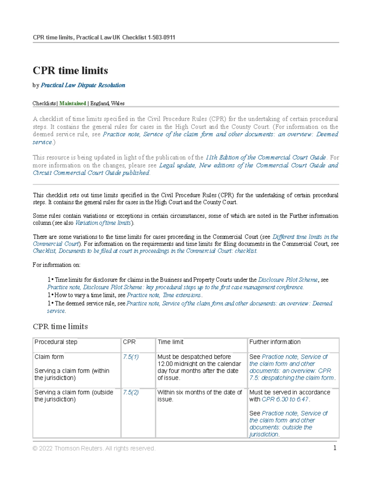 Limitation Notes on ADR and Legal Timeframes: CPR 1.4.11 - Studocu