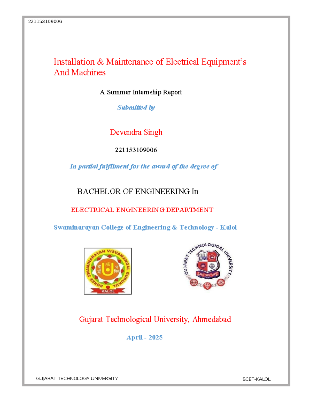 221153109006 Summer Internship Report on Electrical Machine Maintenance ...