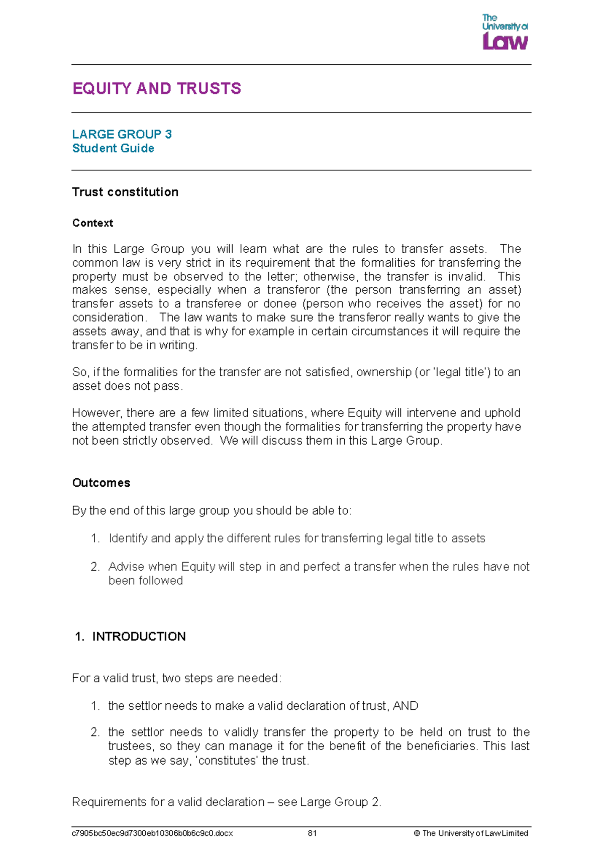 EQUITY AND TRUSTS C2526 Large Group 3 Student Guide on Asset Transfer ...
