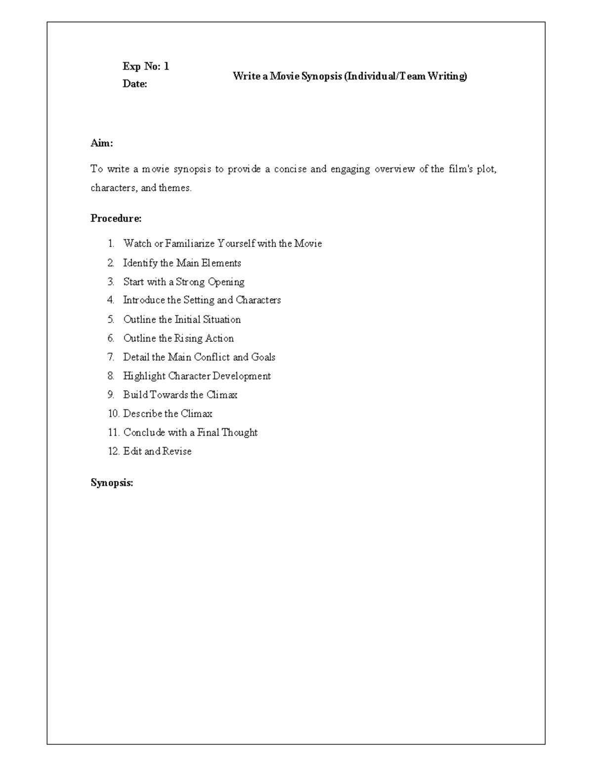VCE Lab 1-4: Movie Synopsis, Script, and Production Planning - Studocu