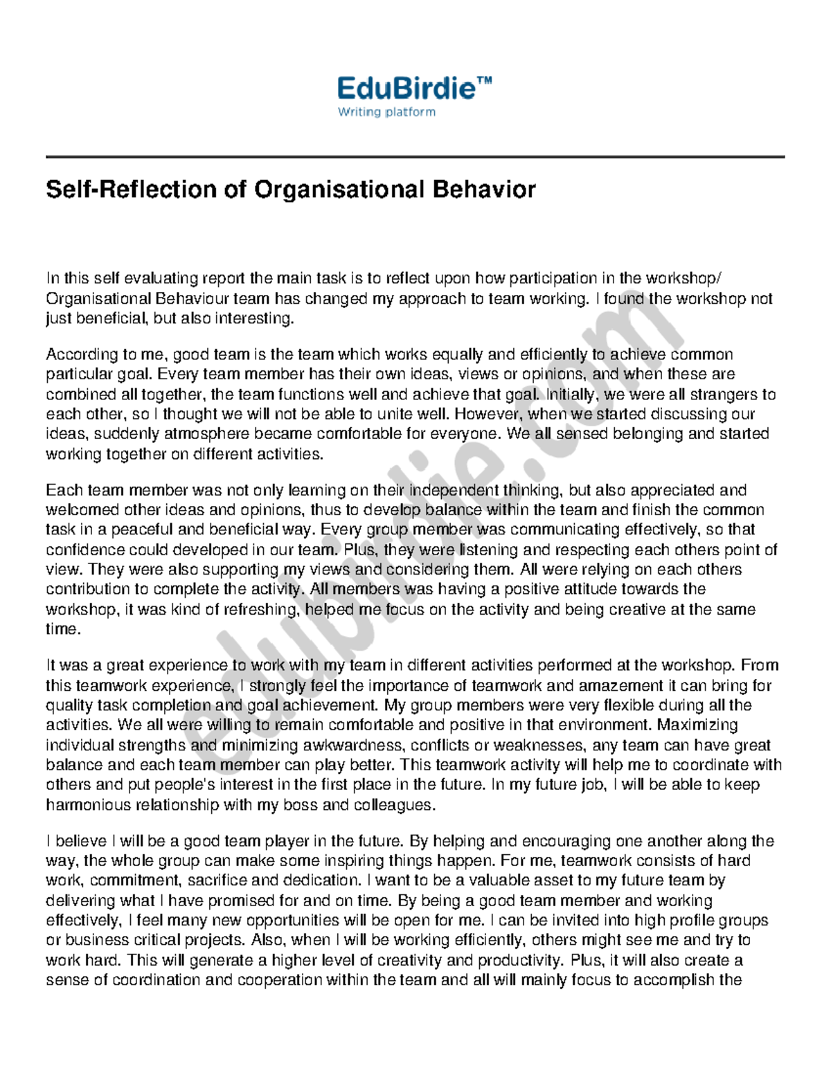 Self-Reflection of Organisational Behavior - I found the workshop not ...