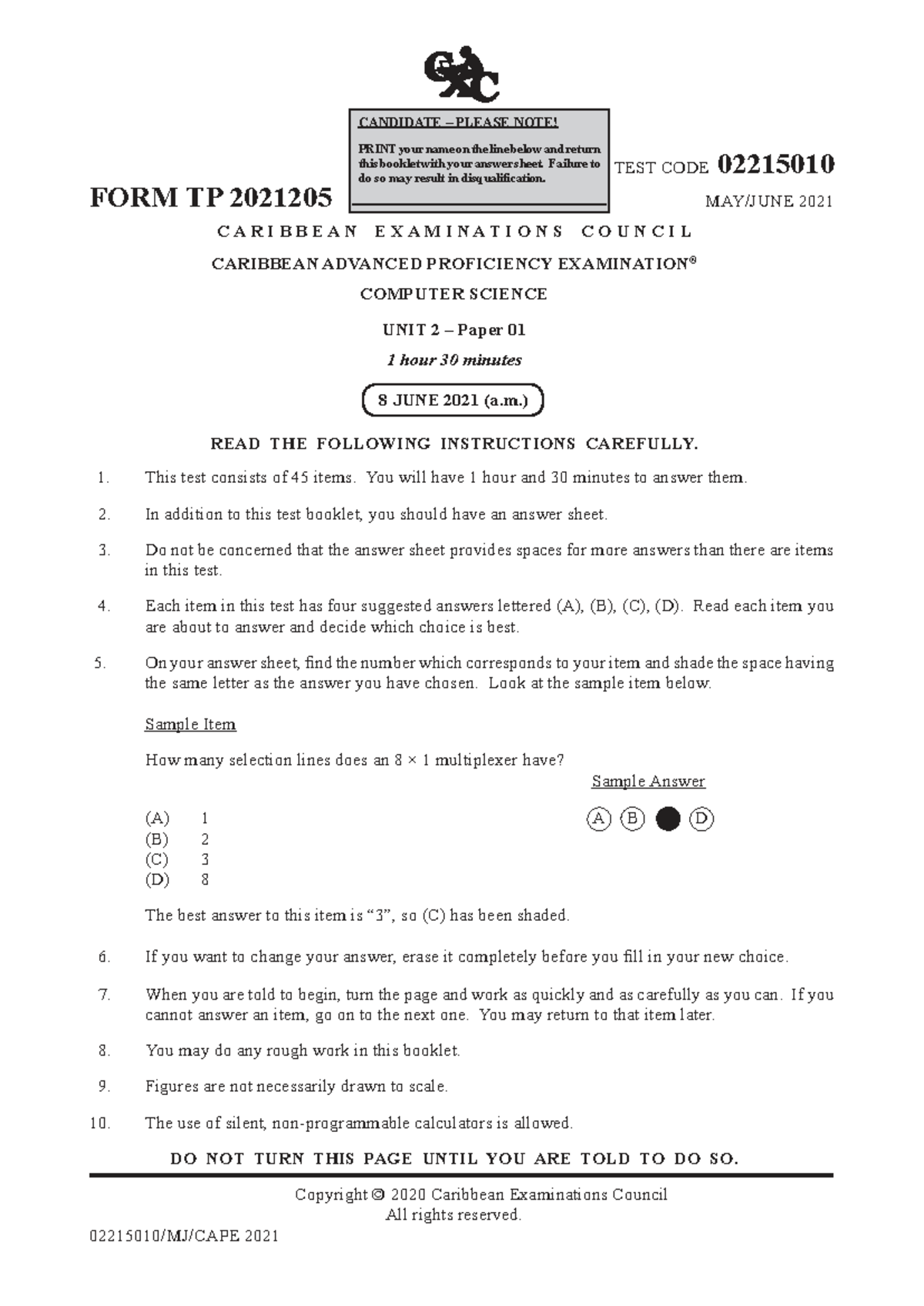 CAPE Computer Science Unit 2 Paper 01 - Exam Instructions 2021 - Studocu