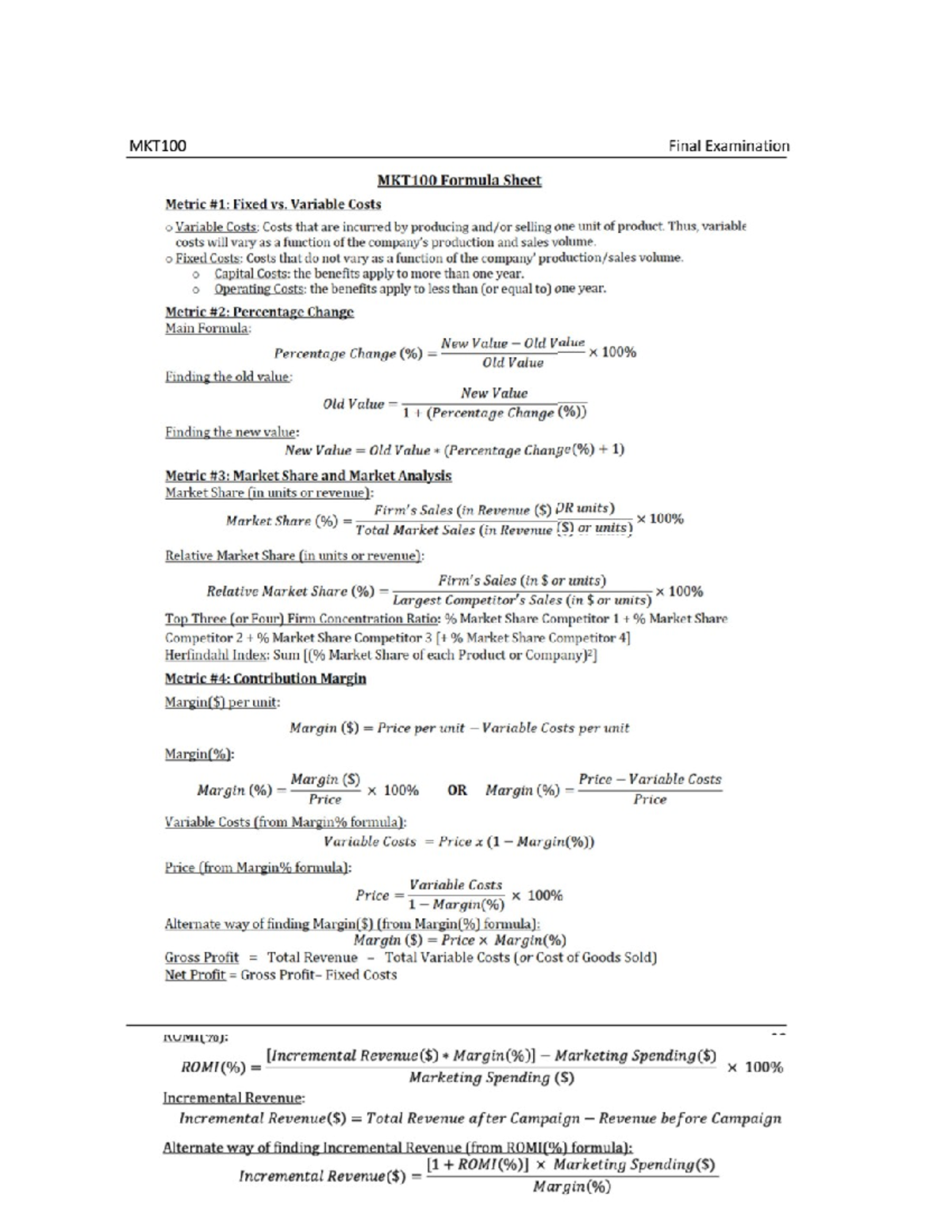 MKT100 Final Exam Formula Sheet: Fixed vs. Variable Costs - Studocu
