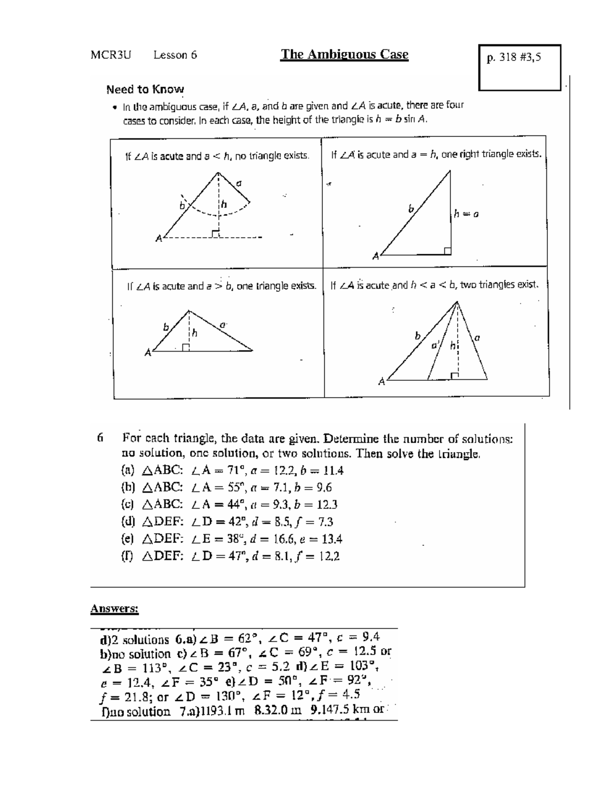 MCR3U Lesson 6: Understanding the Ambiguous Case in Triangles - Studocu