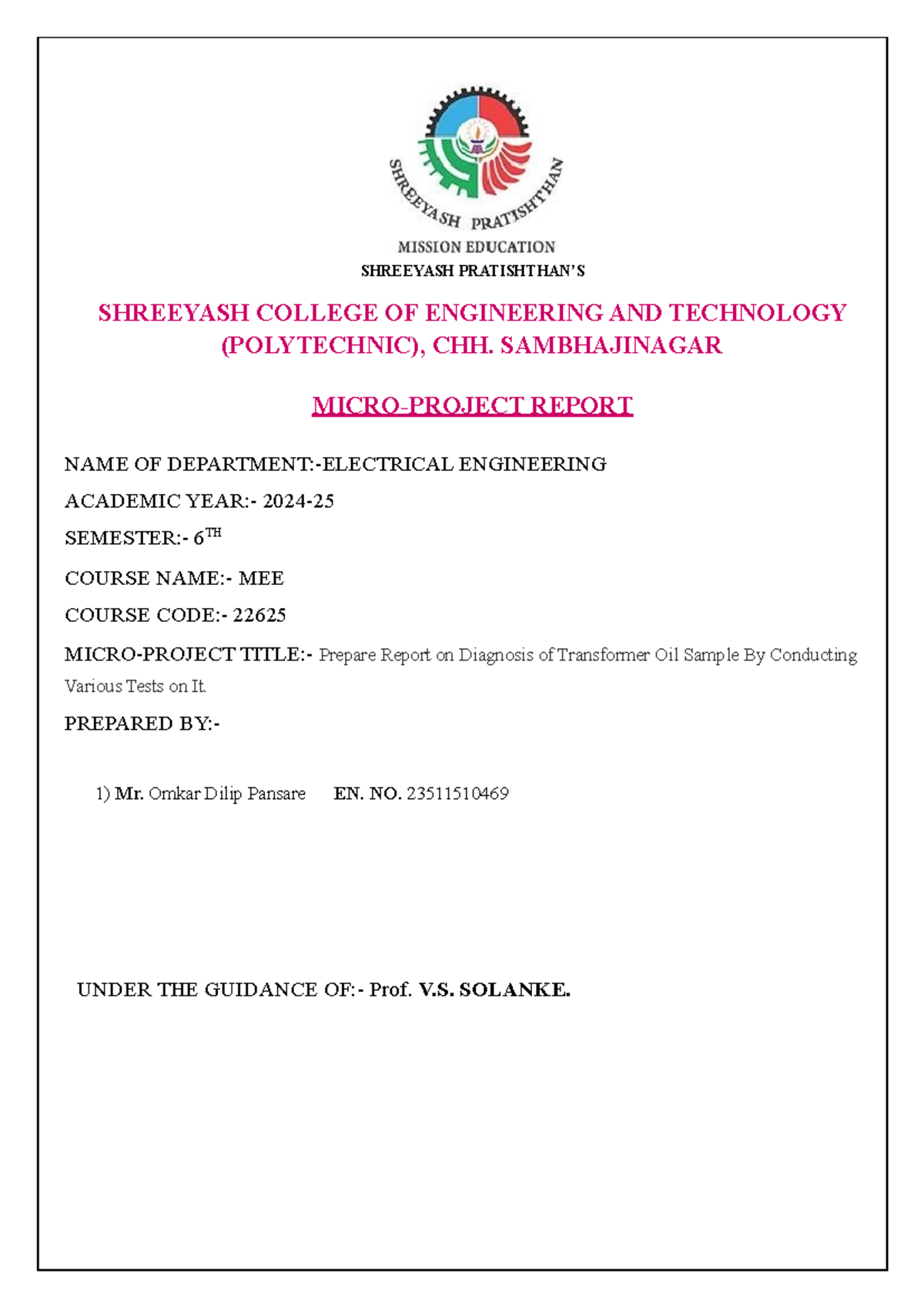 MEE 22625 Final Report on Transformer Oil Diagnosis and Testing - Studocu