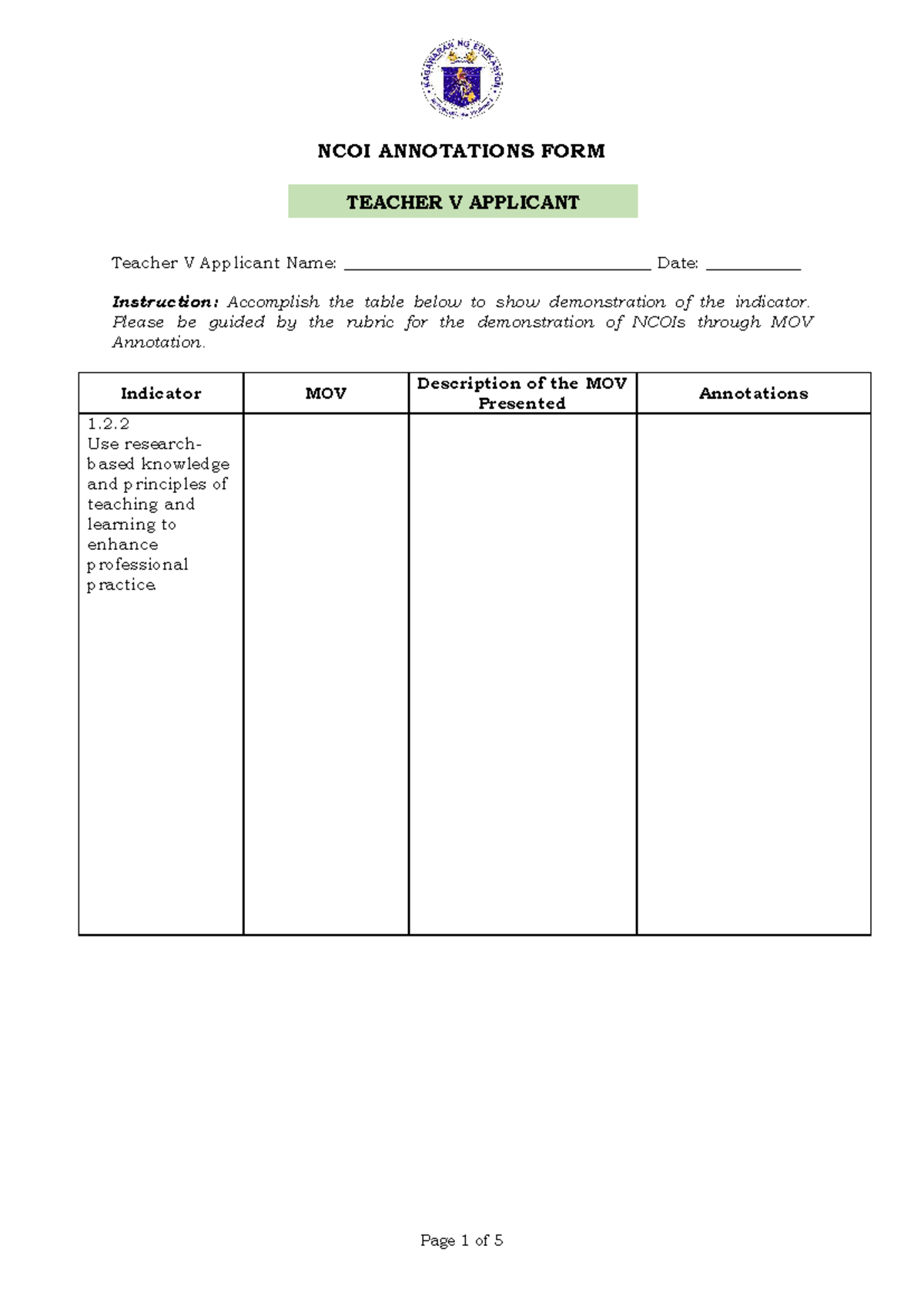 NCOI Annotations Form for Teacher V Applicant Evaluation - Studocu