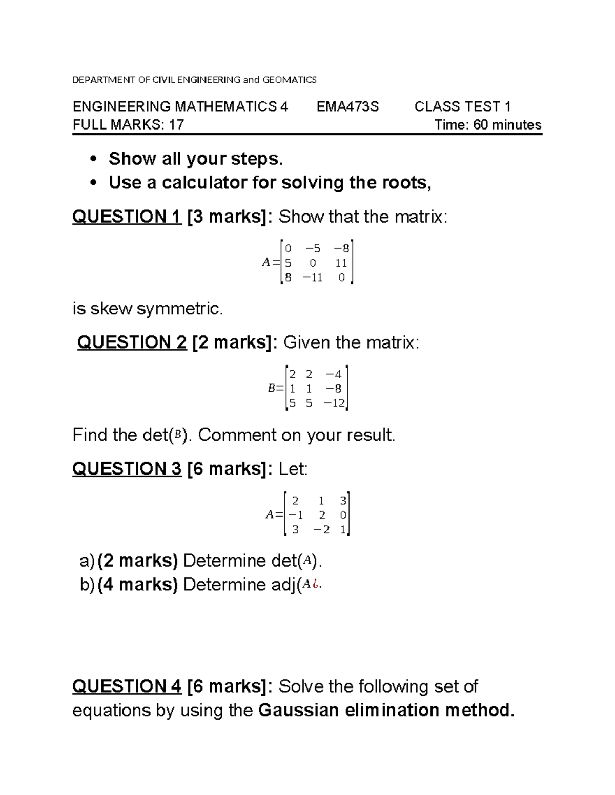 EMA473S Mathematics Class Test 1 - Full Marks Guide 2023 - Studocu