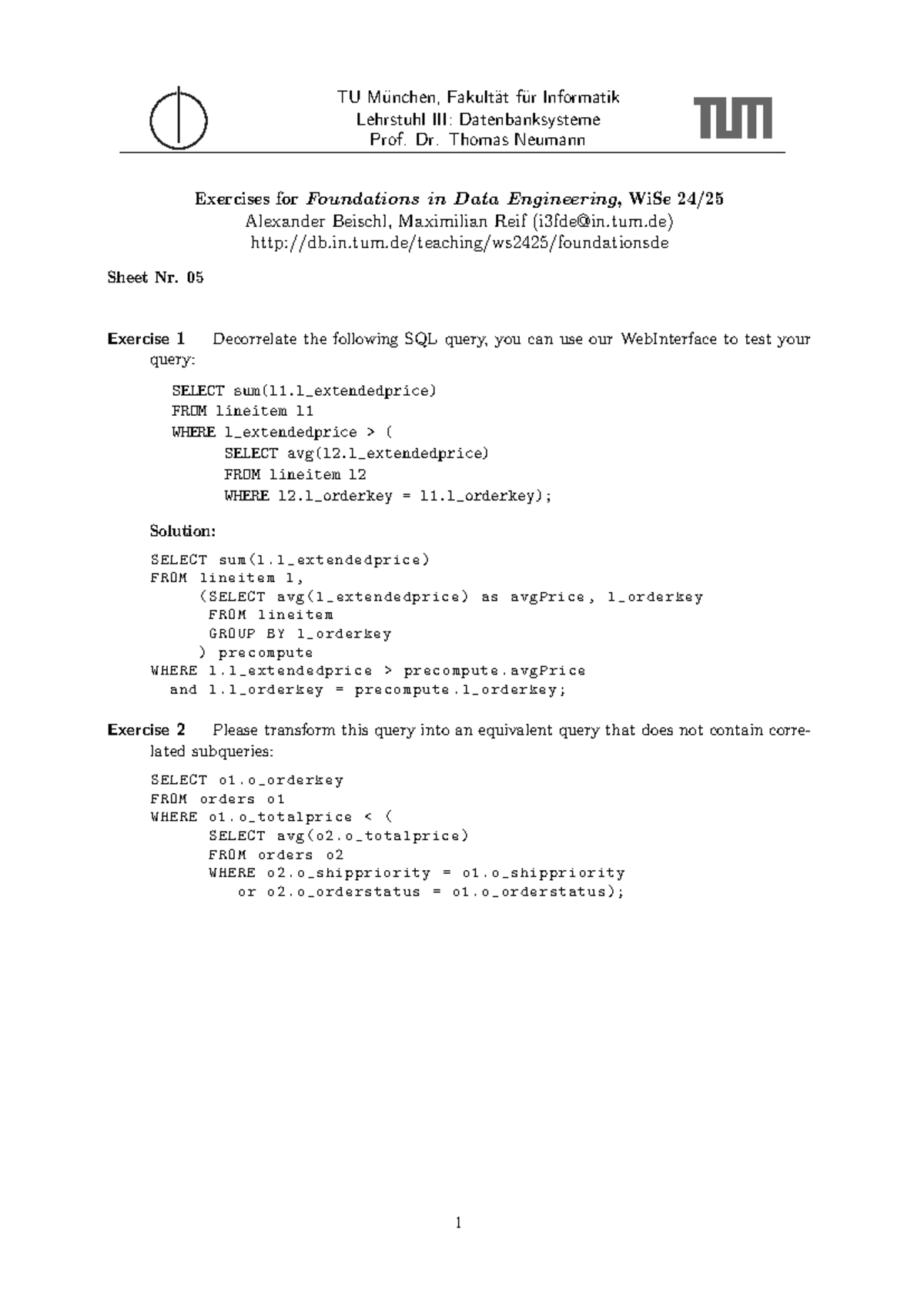 TU Informatik Übung 05: SQL Dekorrelation und Fensterfunktionen - Studocu