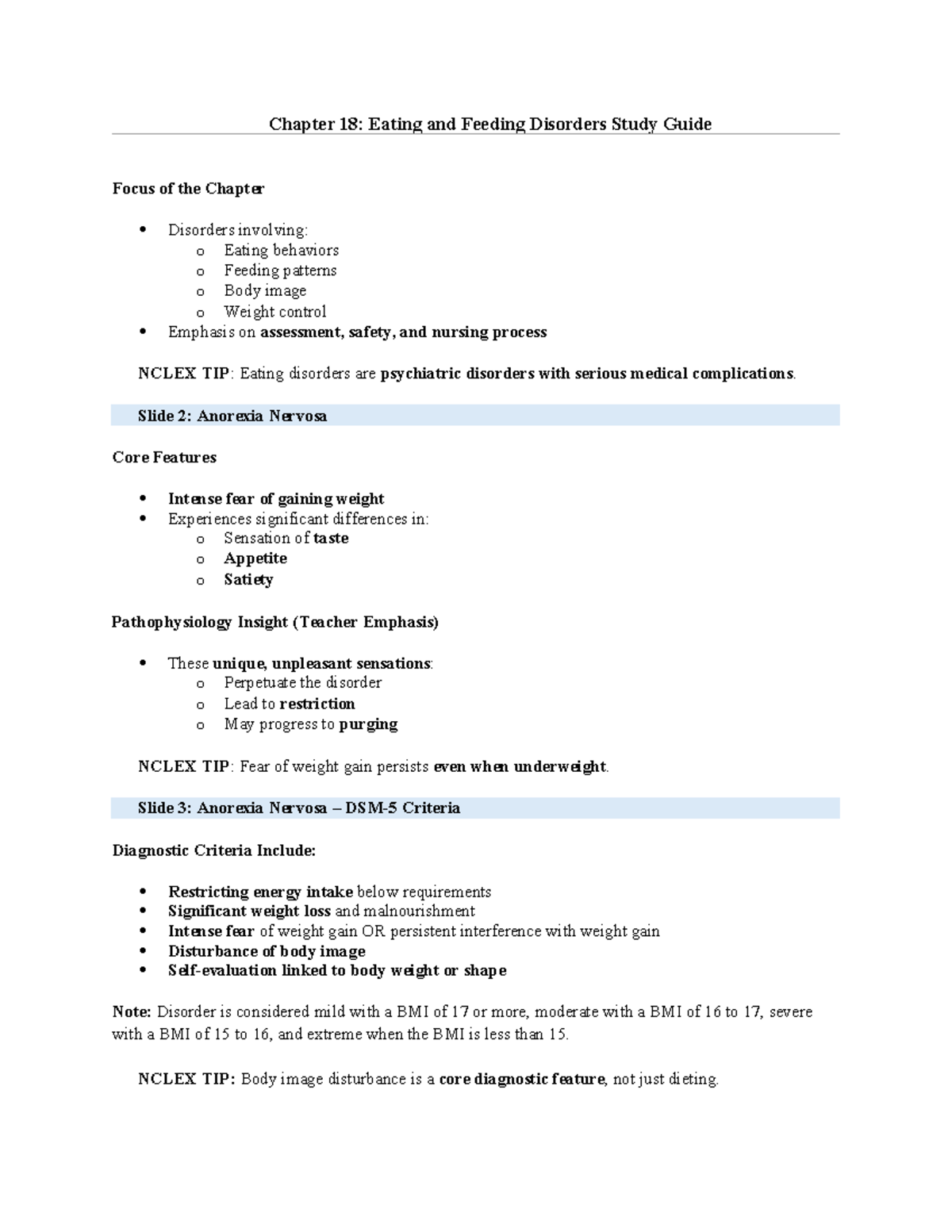 W6 Ch 18: Study Guide on Eating & Feeding Disorders - Studocu