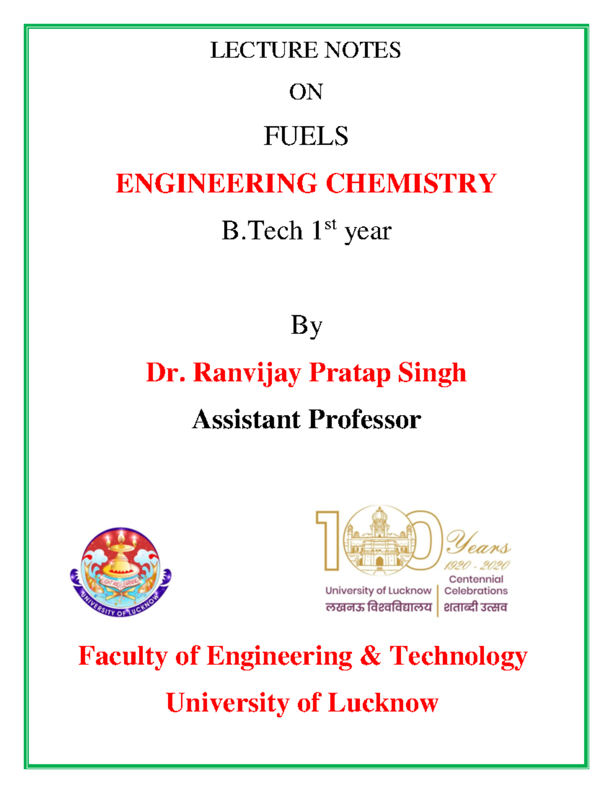 LECTURE NOTES ON FUELS ENGINEERING CHEMISTRY B.Tech 1st Year - Studocu