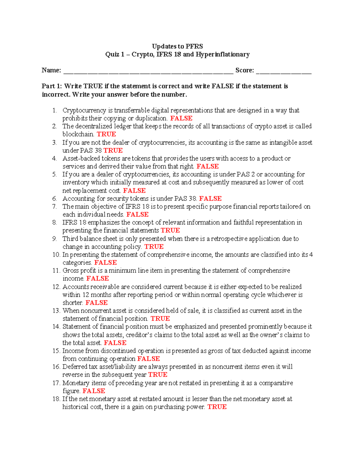 Quiz 1: Crypto, IFRS 18 & Hyperinflationary Concepts with Answers - Studocu
