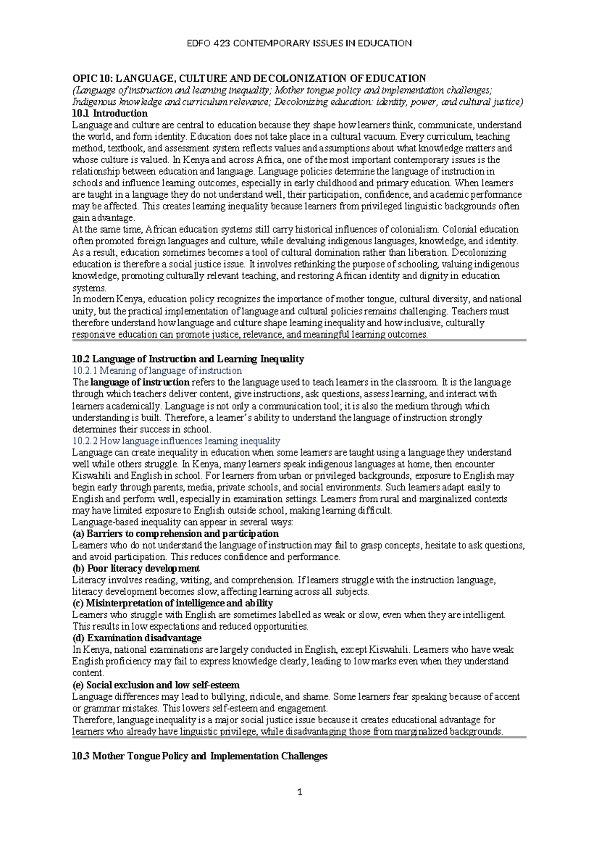 EDFO 423 Contemporary Issues in Education: Language, Culture ...