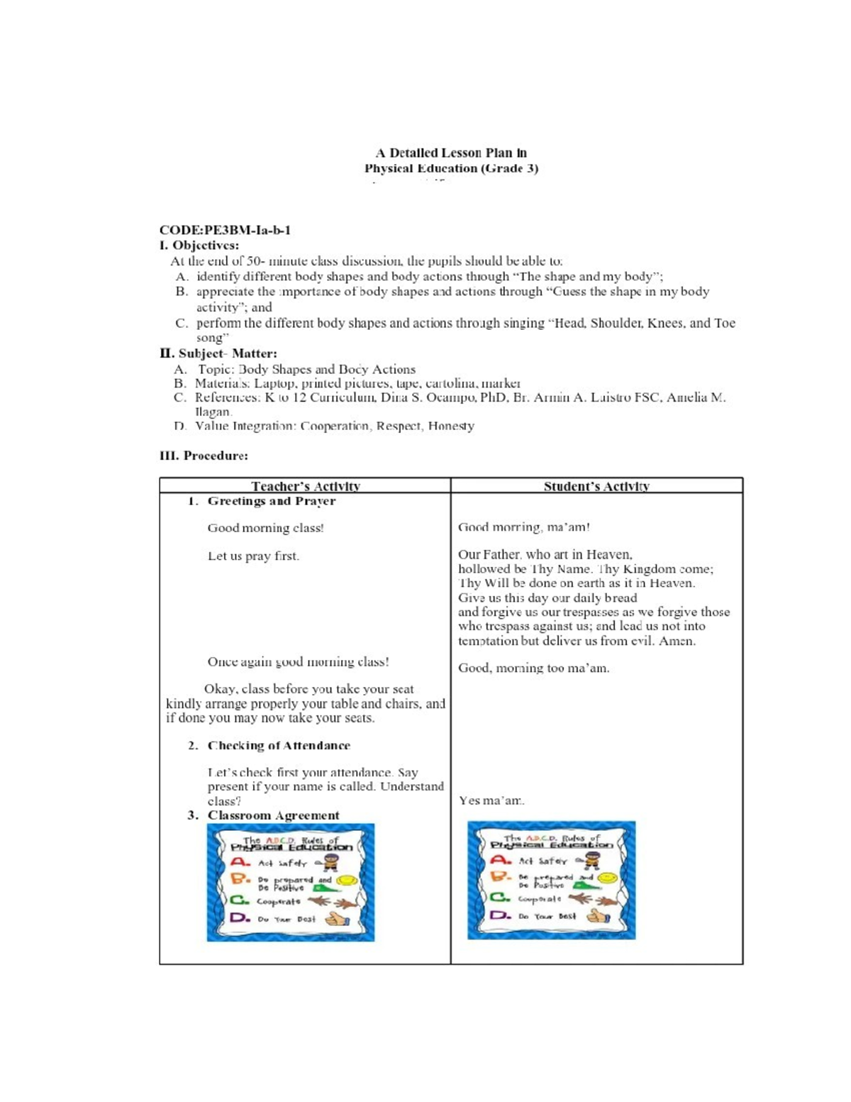 Grade 3 PE Lesson Plan: Body Shapes and Actions Activities - Studocu