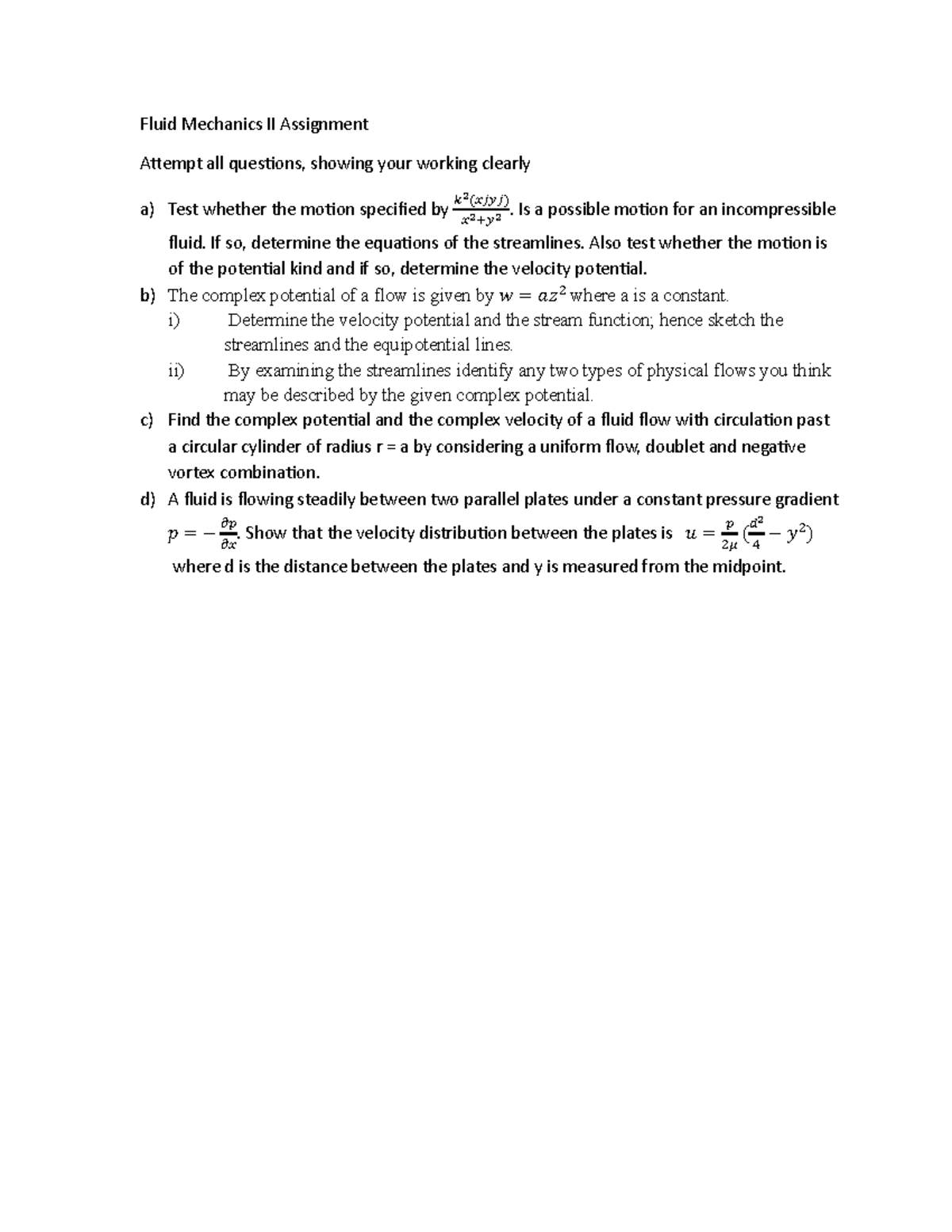Fluid Mechanics II Assignment - Revision and Solutions - Studocu