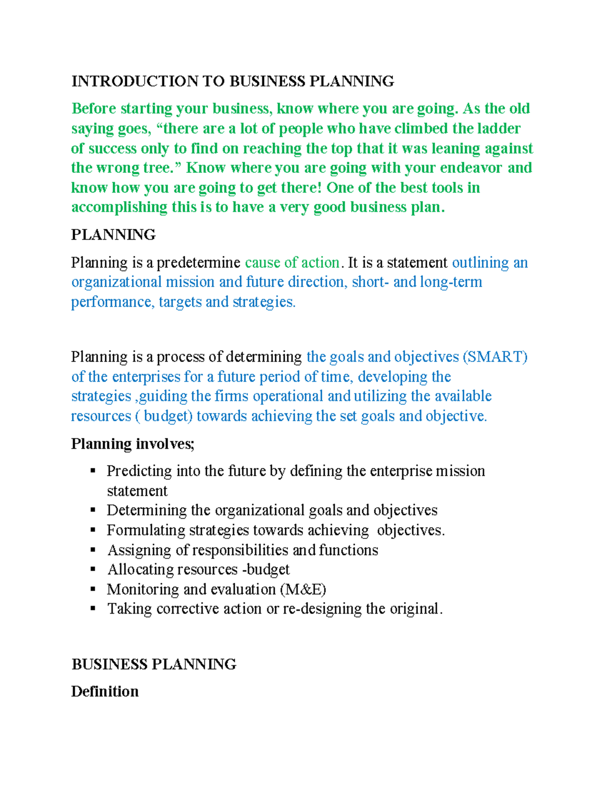BUSINESS PLANNING: A Comprehensive Guide to Success - Studocu