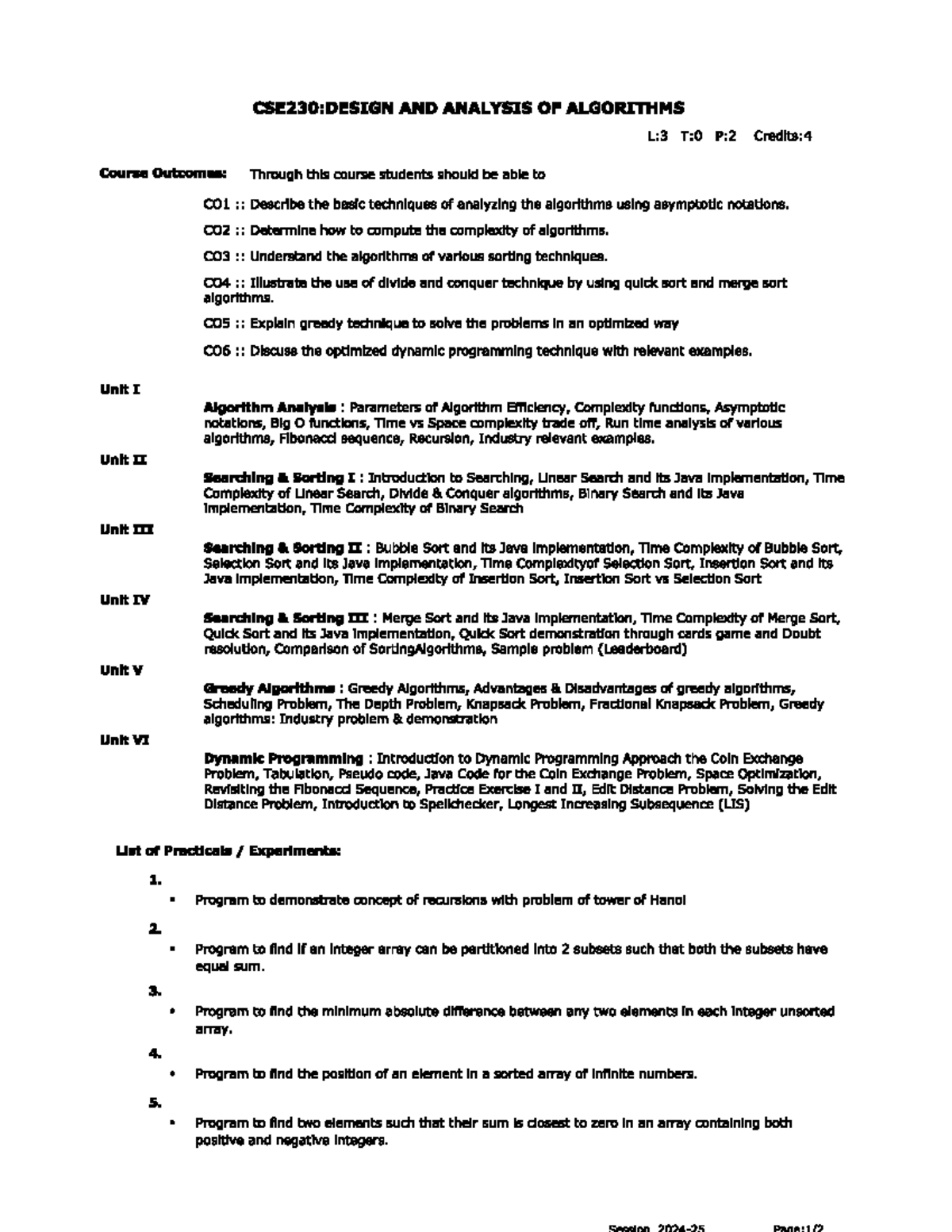 CSE230: Design and analysis of algorithms syllabus overview - Studocu