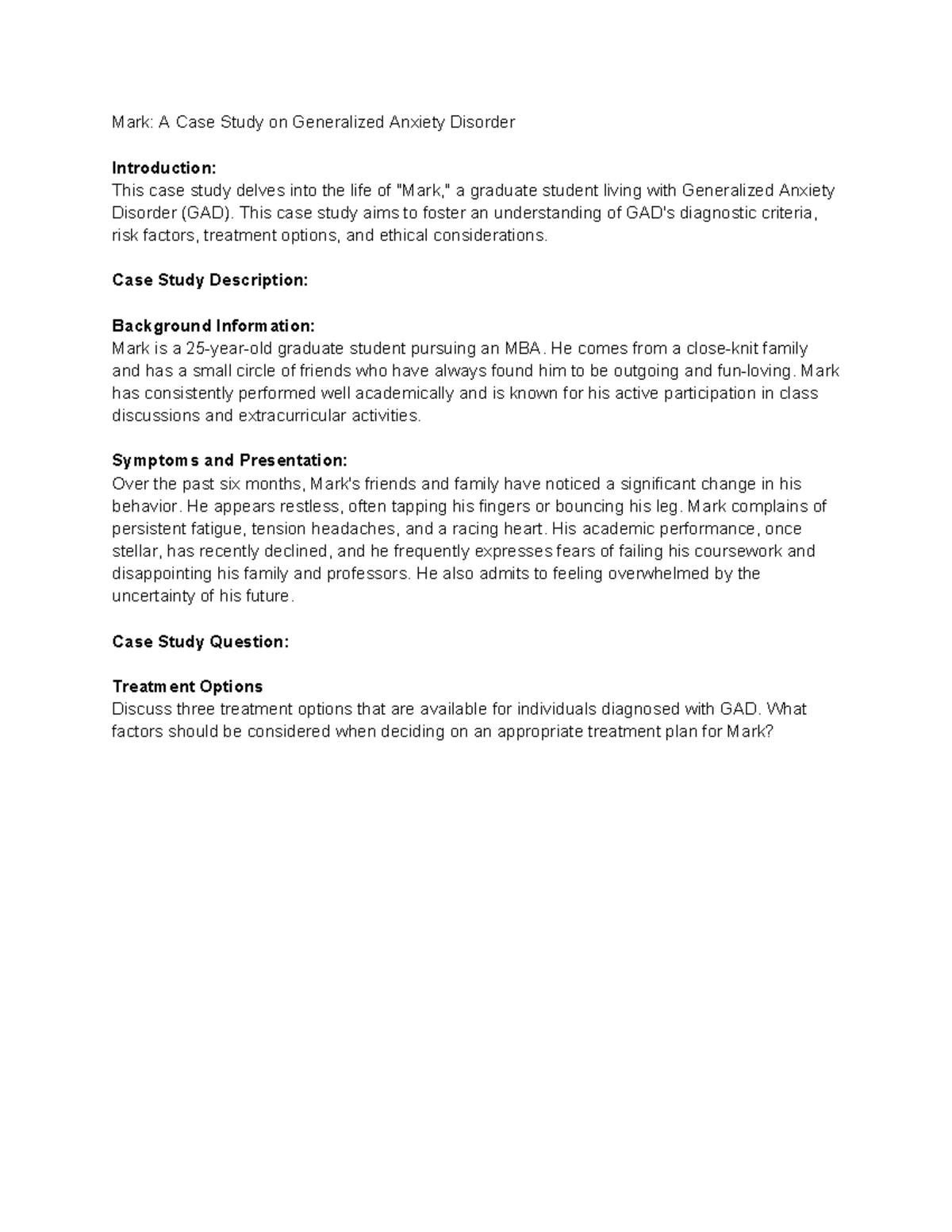 Case Study: Mark and Generalized Anxiety Disorder (GAD) Insights - Studocu