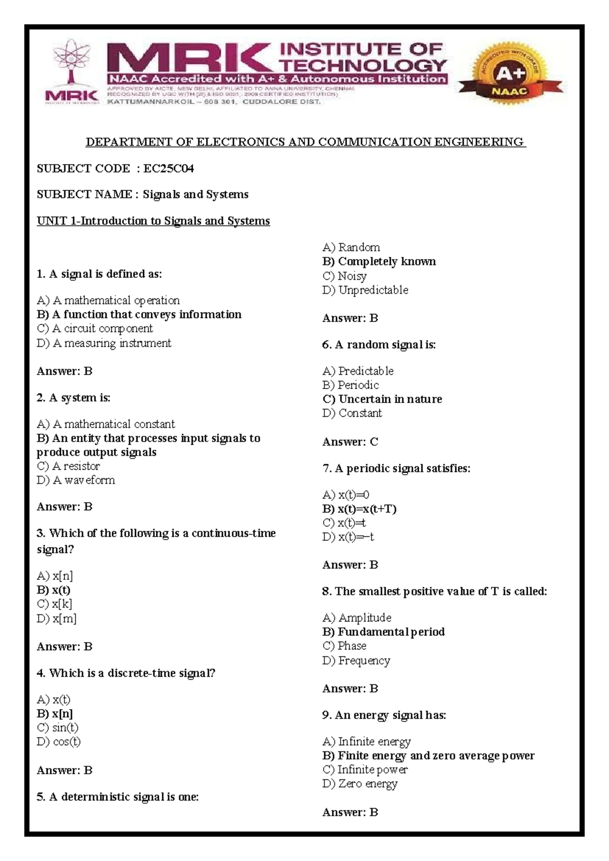 EC25C04 Signals and Systems: Unit 1 Study Guide - Studocu