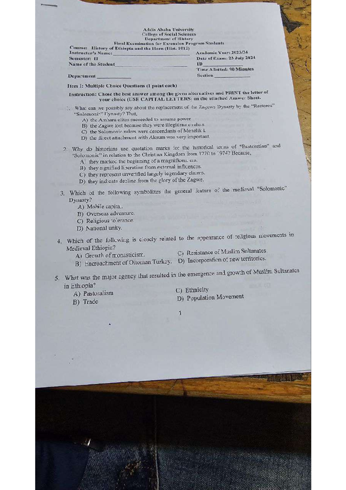 Hist. 1012 - Final Exam Questions on History of Ethiopia and the Horn ...