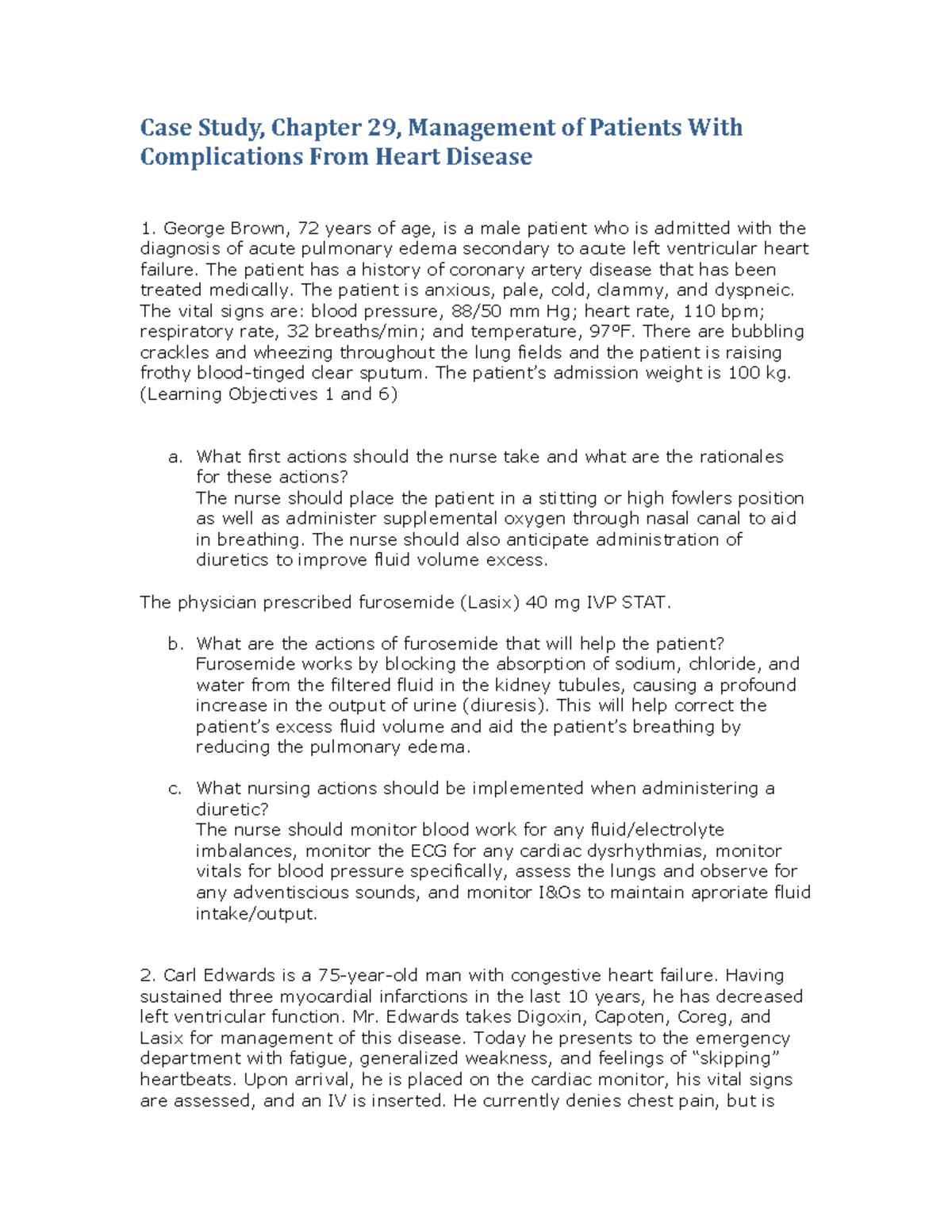 Case Study: Management of Heart Disease Complications Ch 29 - Studocu