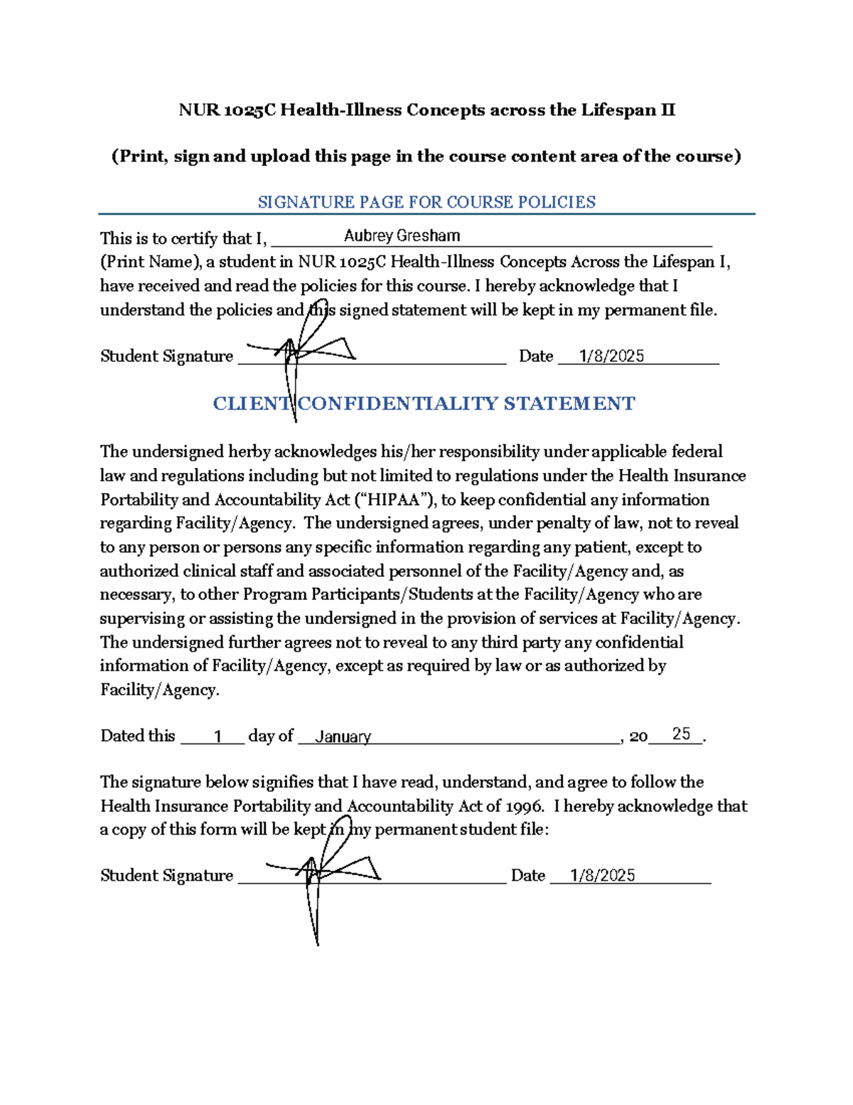 Syllabus Signature Page - NUR 1025C Health-Illness Concepts across the ...