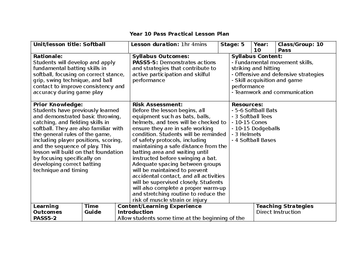 Year 10 Pass Practical Lesson Plan: Softball Batting Skills - Studocu