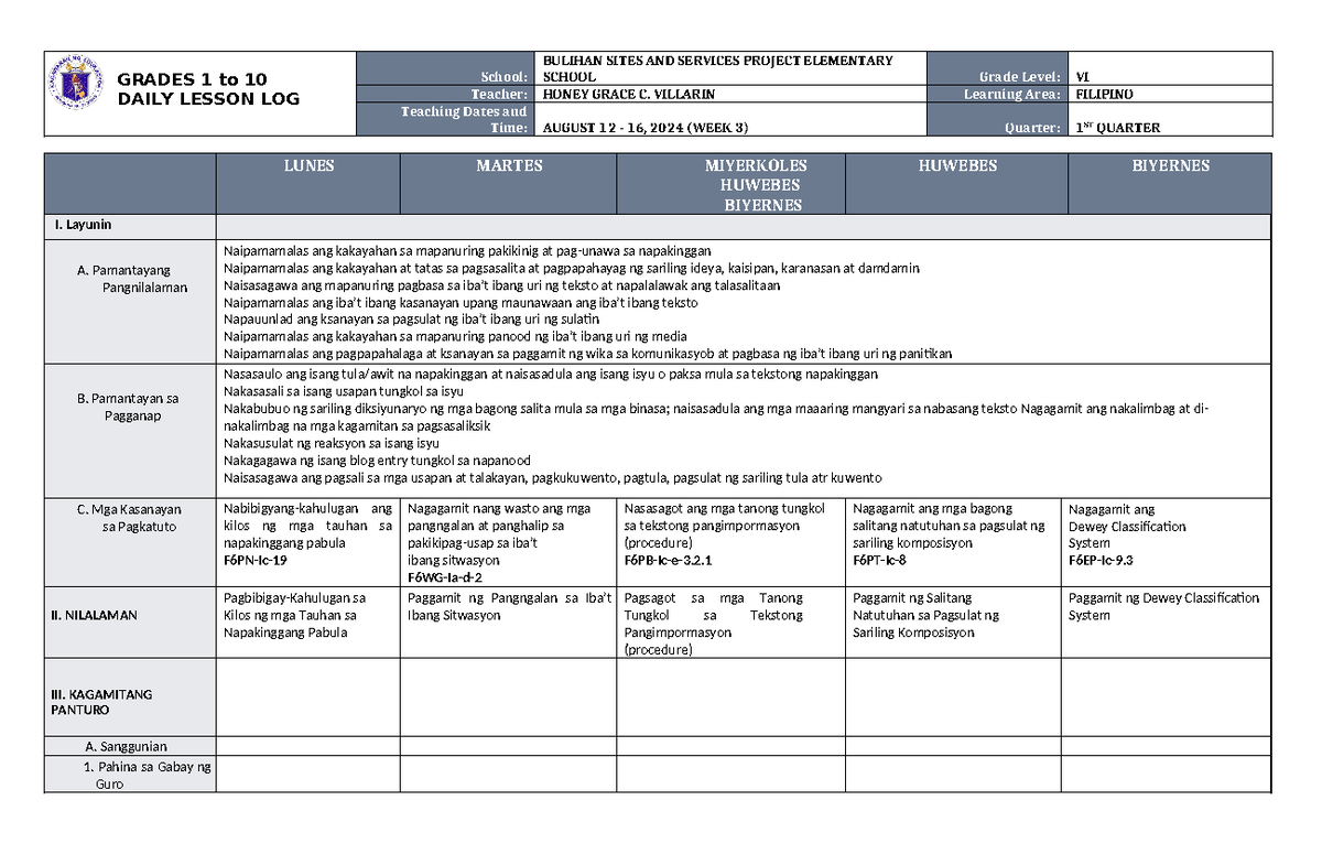 DLL Filipino 6 Q1 W3 - Daily Lesson Log for Grade 6, Week 3 - Studocu