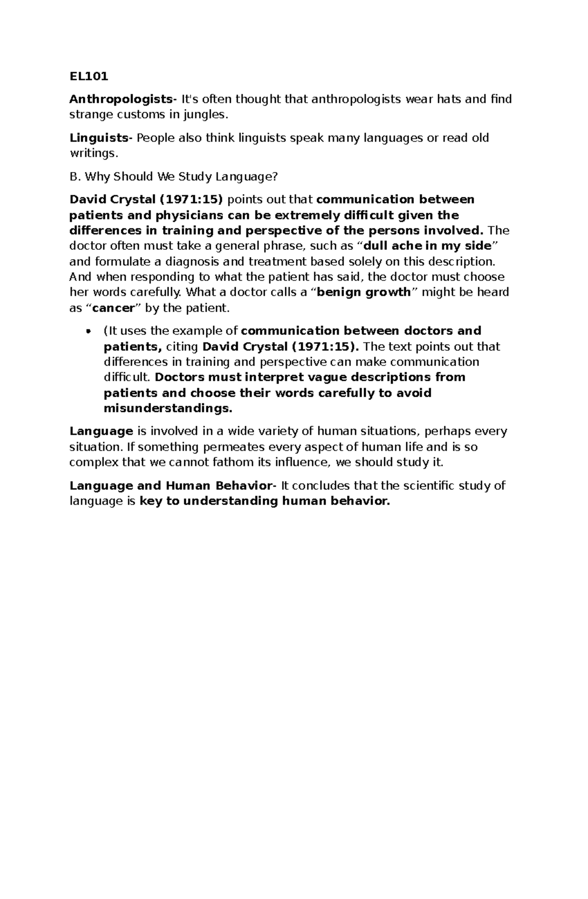 EL101 - The Importance of Studying Language in Human Interaction - Studocu