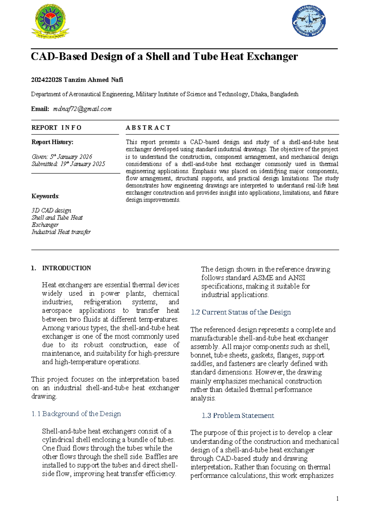 Design and Analysis of Shell and Tube Heat Exchanger (AE 202422028 ...