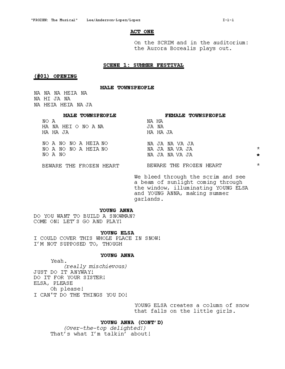 Frozen: The Musical Script (799584914) - Act One, Scene 1 - Studocu